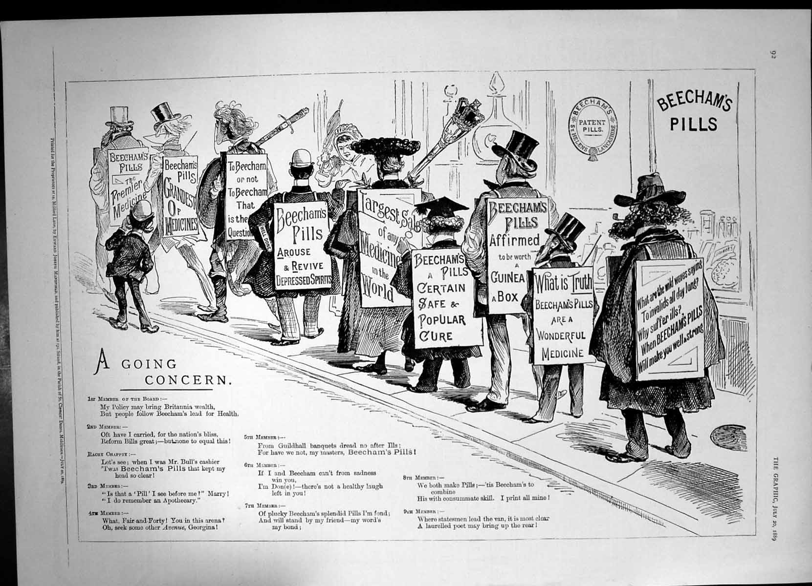 Original Old Antique Print Beechams Pills Members Board Advertising Boards 1889