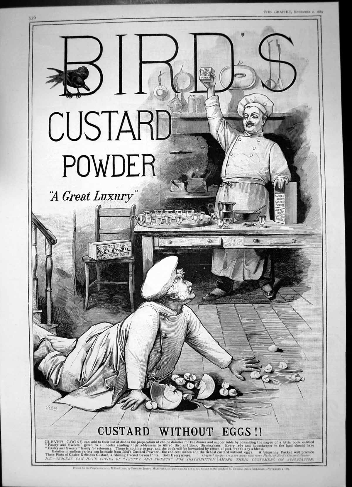 Antique Print Birds Custard Powder Without Eggs Chef Falls Breaks Eggs 1889