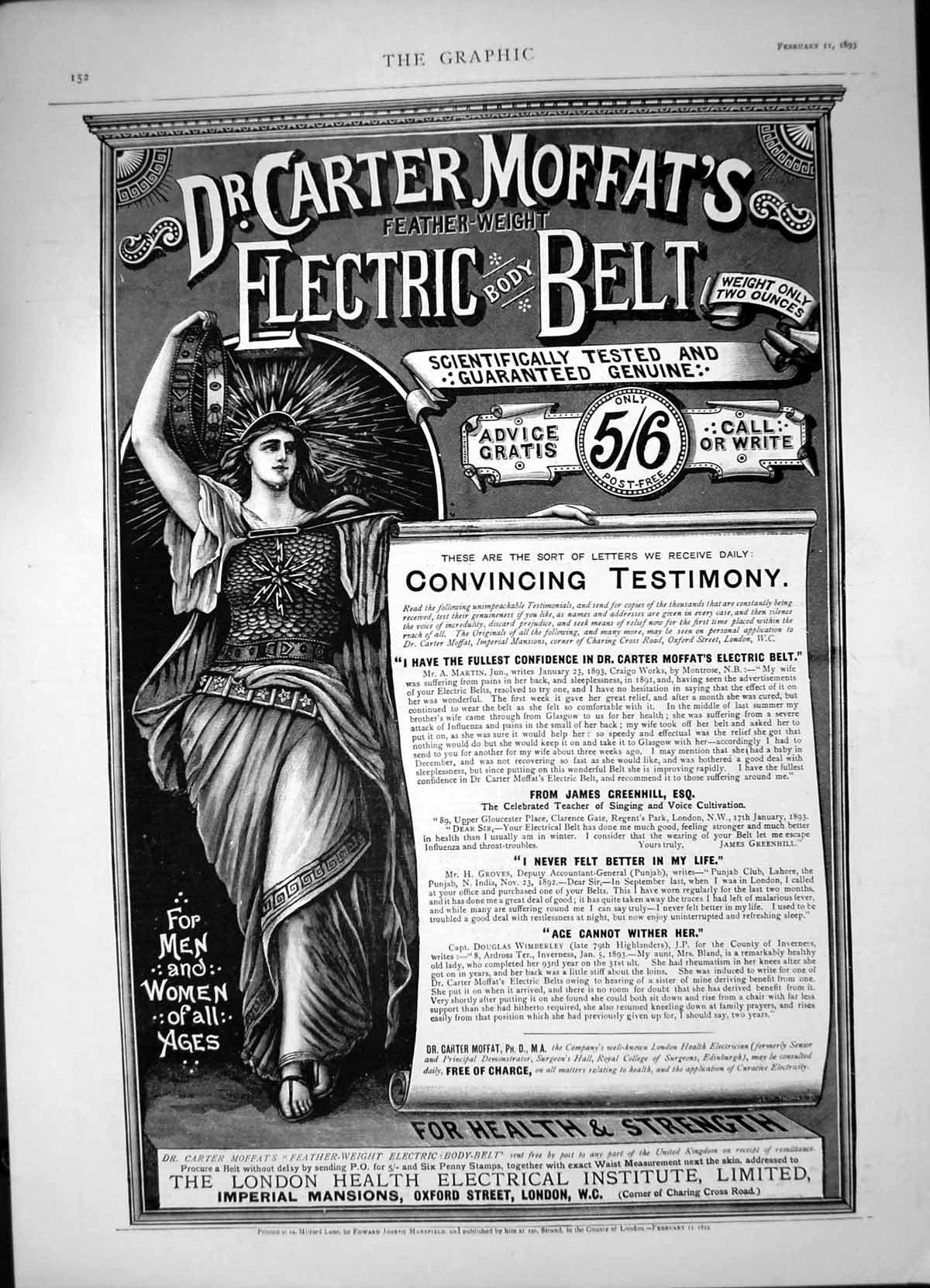 Original Old Antique Print Dr Carter Moffats Feather Weight Electric Belt 1893