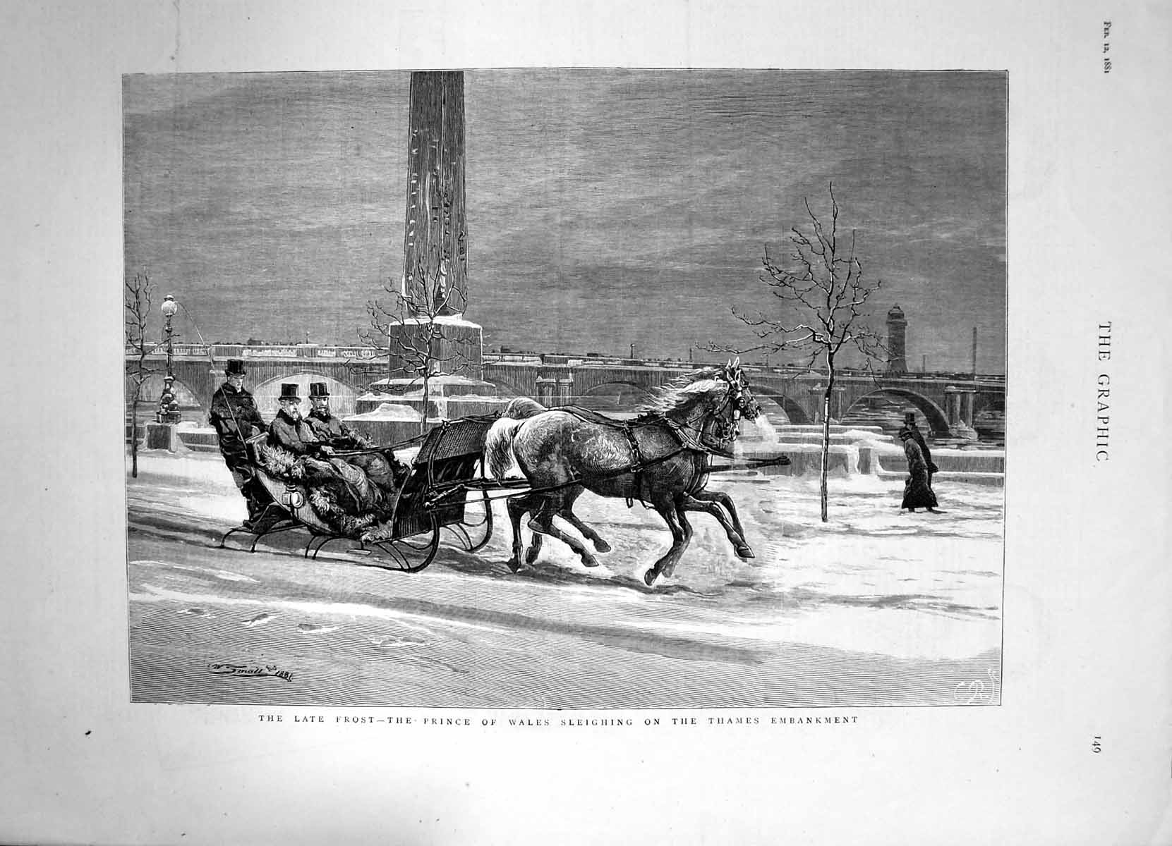 Antique Old Print Late Frost Prince Wales Sleighing Thames Embankment 1881 19th