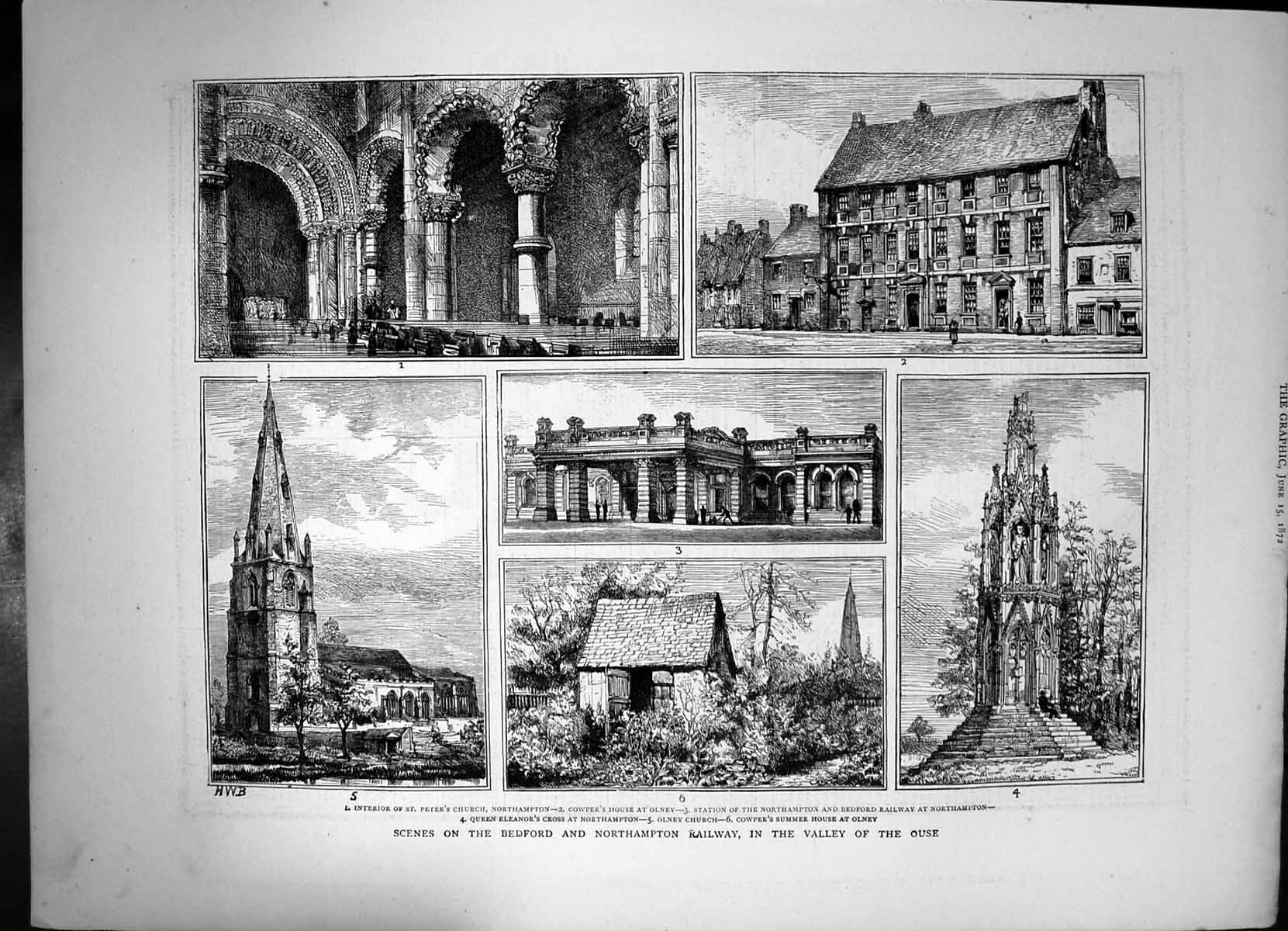 Original Old Antique Print Scenes Bedford Northampton Railway Olney Church 1872