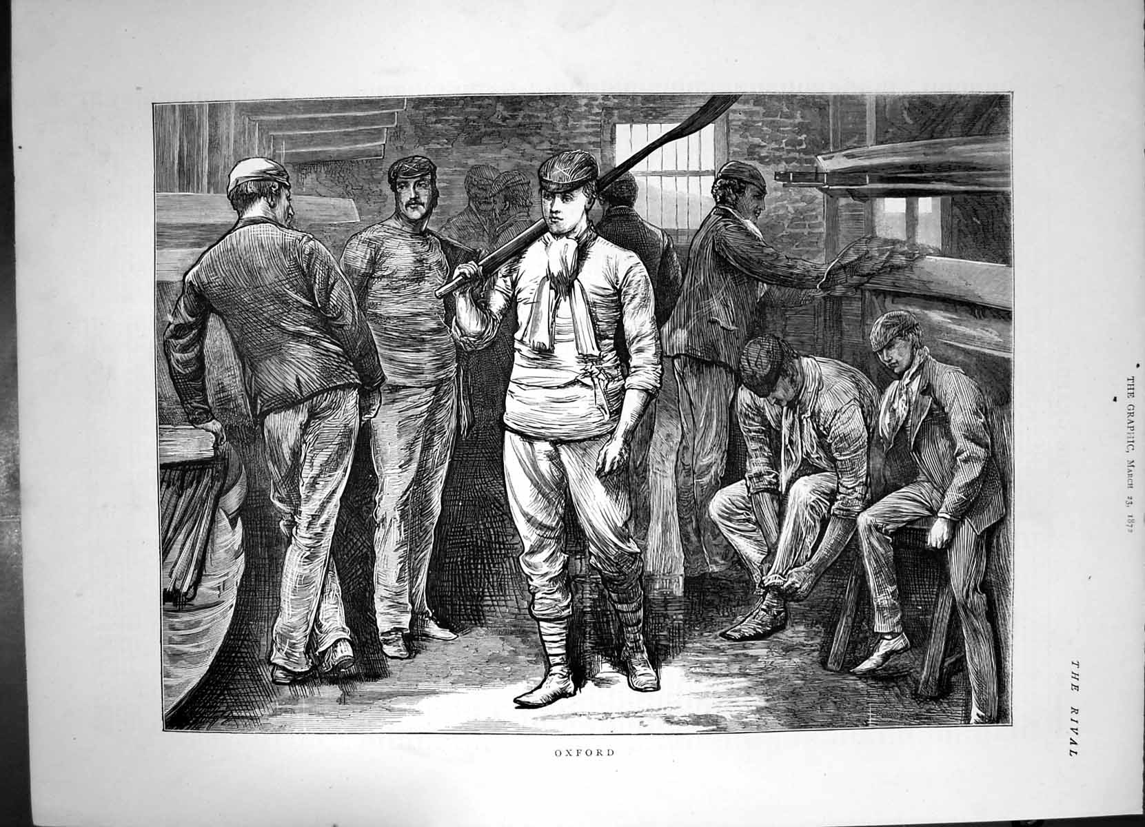 Original Old Antique Print Oxford Group Men Preparing Work Carrying Broom 1872