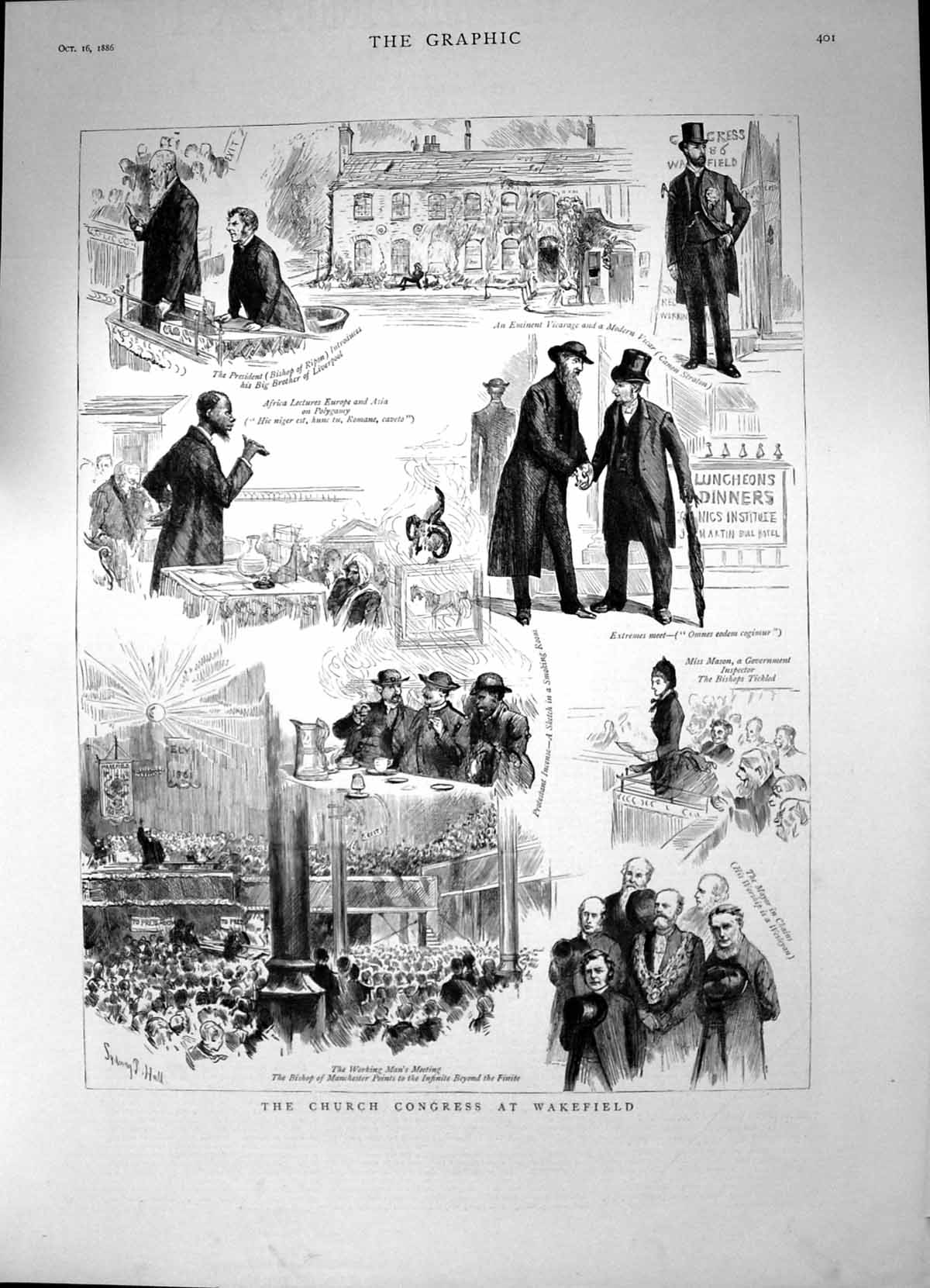 Original Old Antique Print Church Congress Wakefield Working Mans Meeting 1886