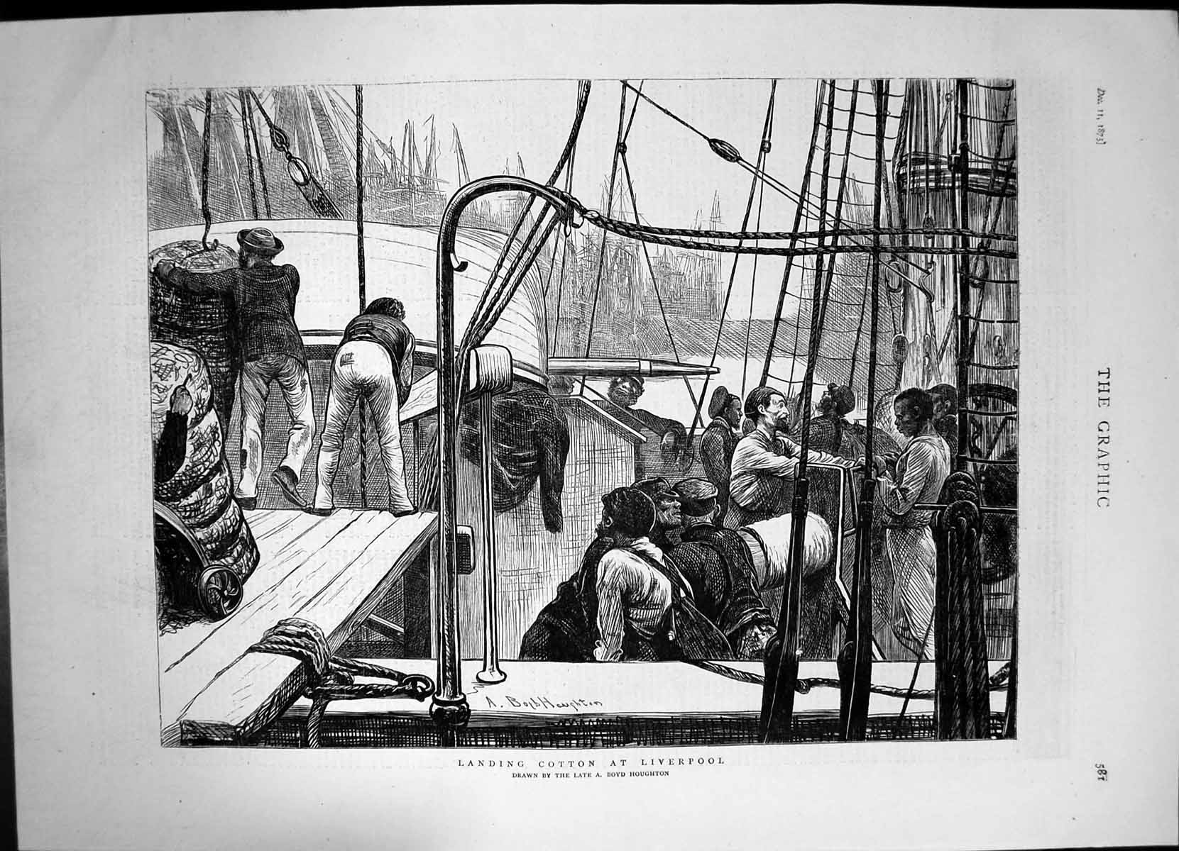 Antique Print Landing Cotton Liverpool A Boyd Houghton Unloading Boat 1875 19th
