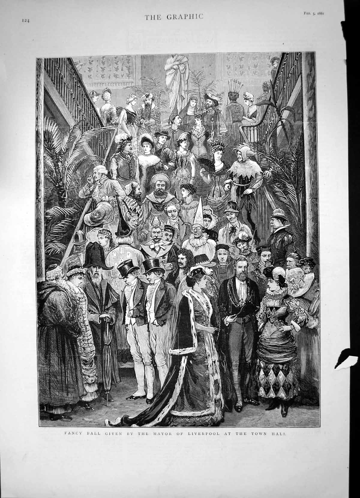 Original Old Antique Print Fancy Ball Given Mayor Liverpool Town Hall 1881 19th