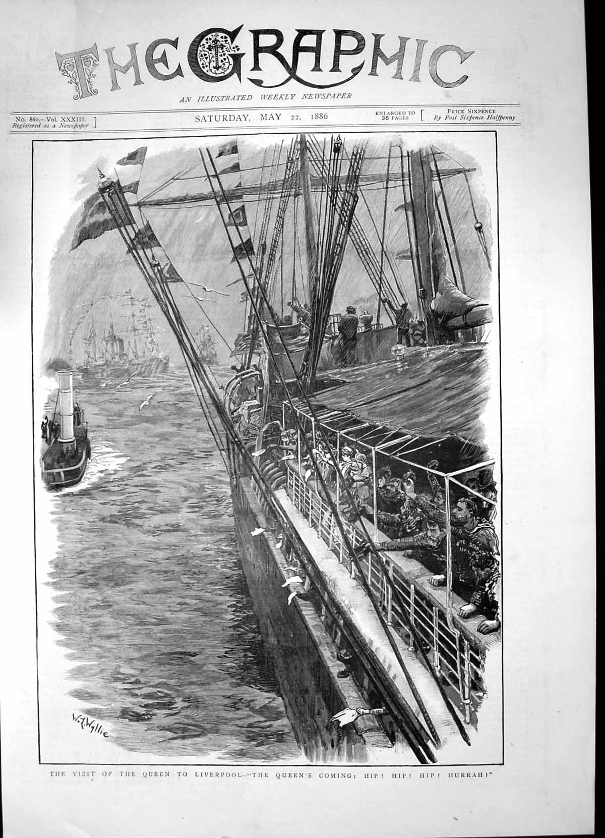 Antique Old Print Visit Queen Liverpool Crowd Boat Waving Await Arrival 1886