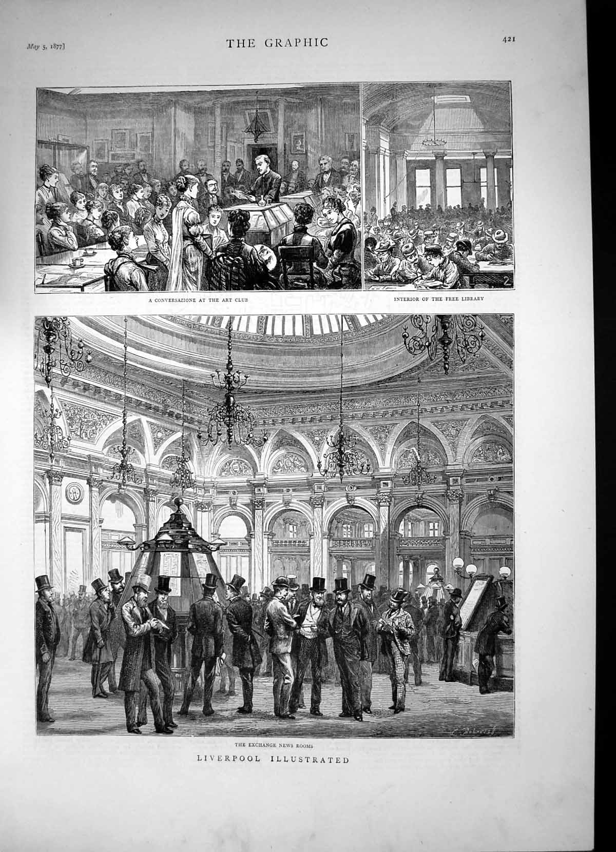 Antique Old Print Liverpool Exchange News Rooms Art Club Free Library 1877 19th