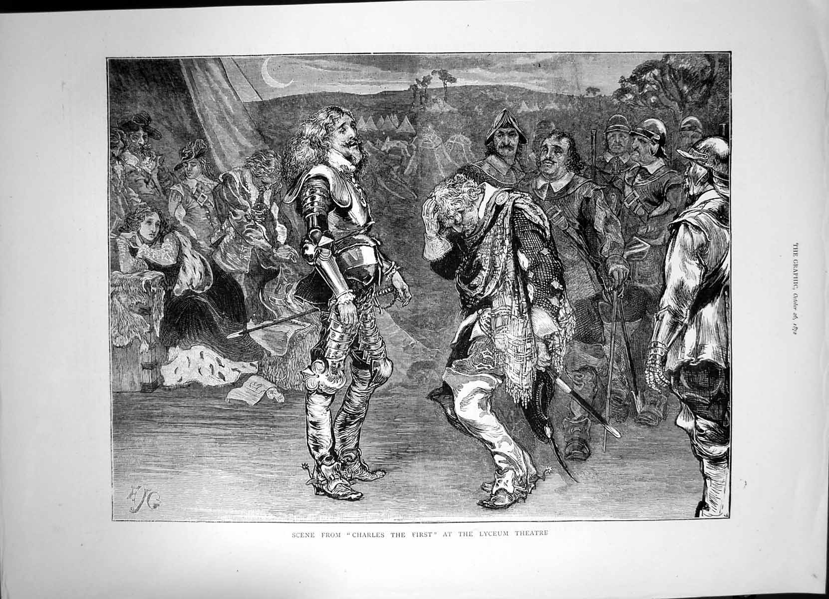 Antique Old Print Scene Charles First Lyceum Theatre Sier Bowing Head 1872 19th
