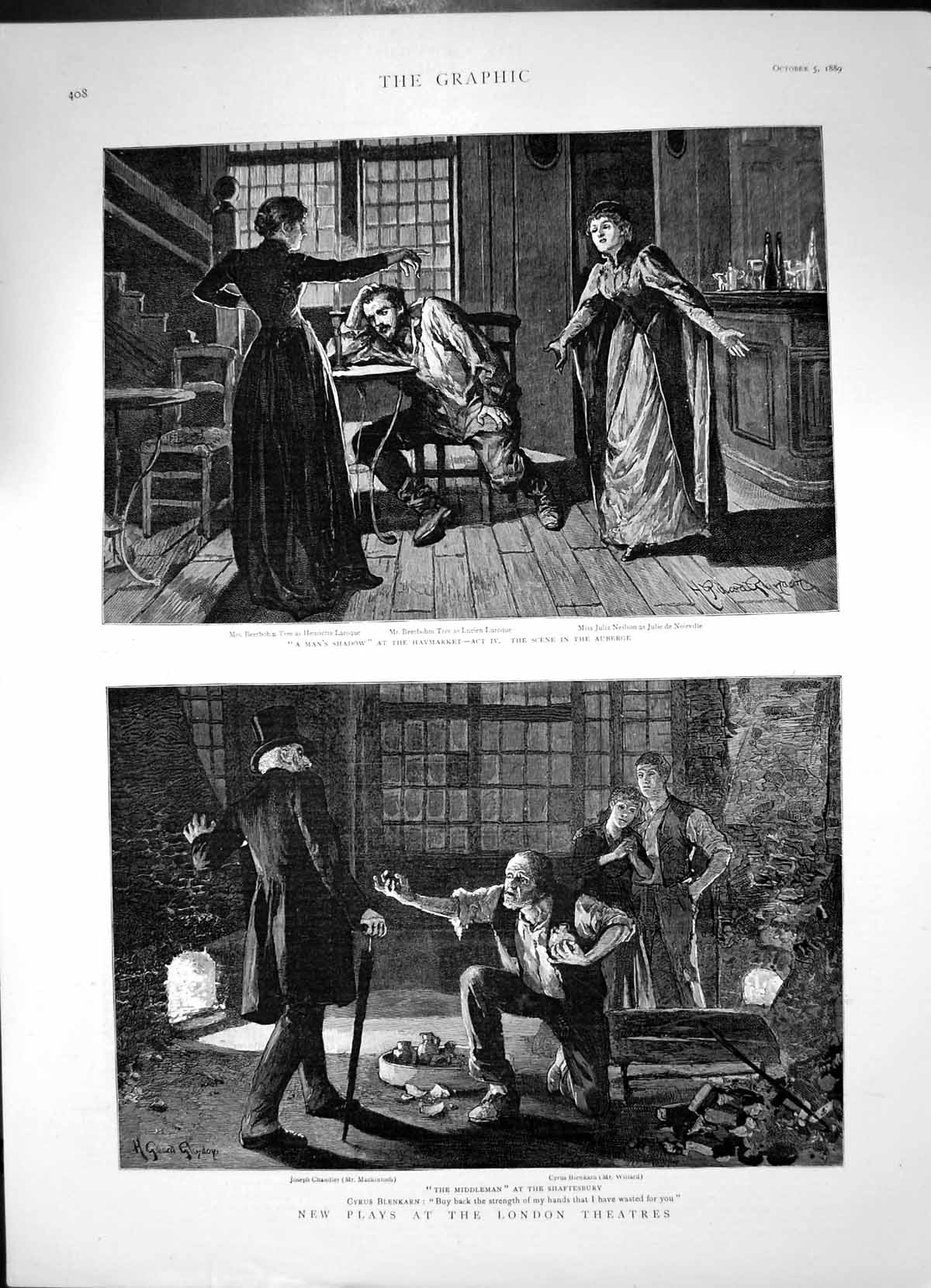 Antique Old Print New Plays Mans Shadow Haymarket Middleman Shaftsbury 1889