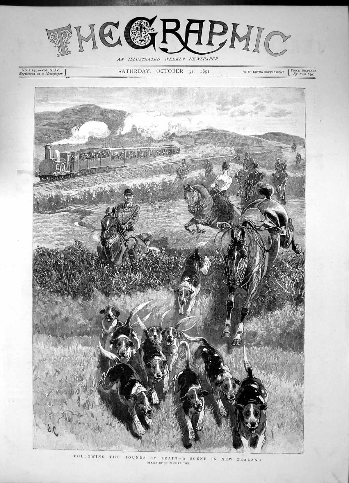 Antique Old Print Following Hounds By Train New Zealand Horses Riders 1891 19th