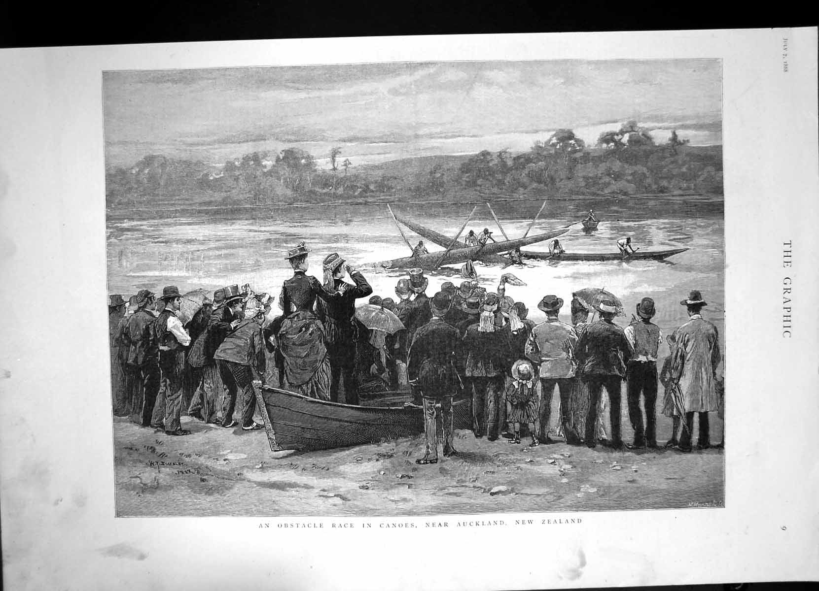 Original Old Antique Print Obstacle Race Canoes River Auckland New Zealand 1888
