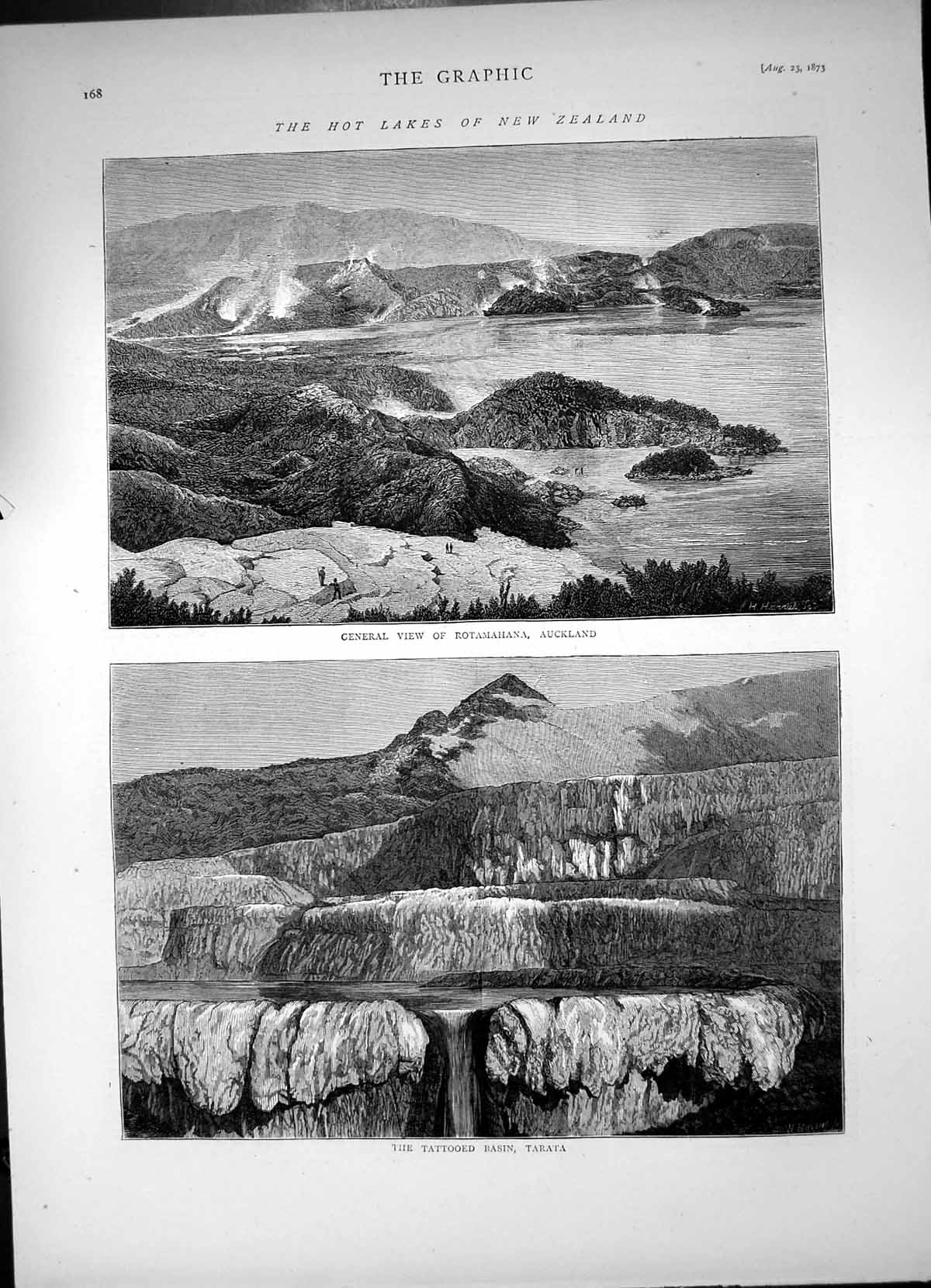 Antique Print Tattooed Basin Tarata View Rotamahana Auckland Hot Lakes 1873
