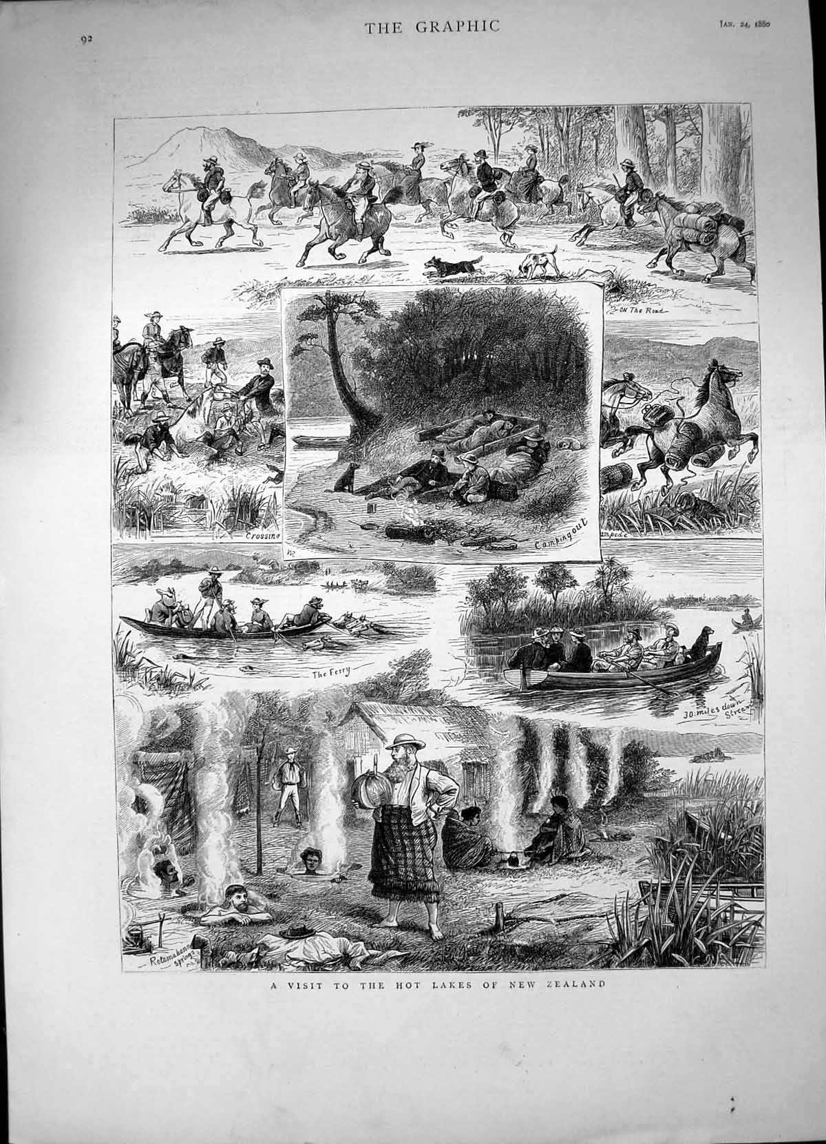 Antique Old Print Visit Hot Lakes New Zealand Crossing Camping Out Ferry 1880