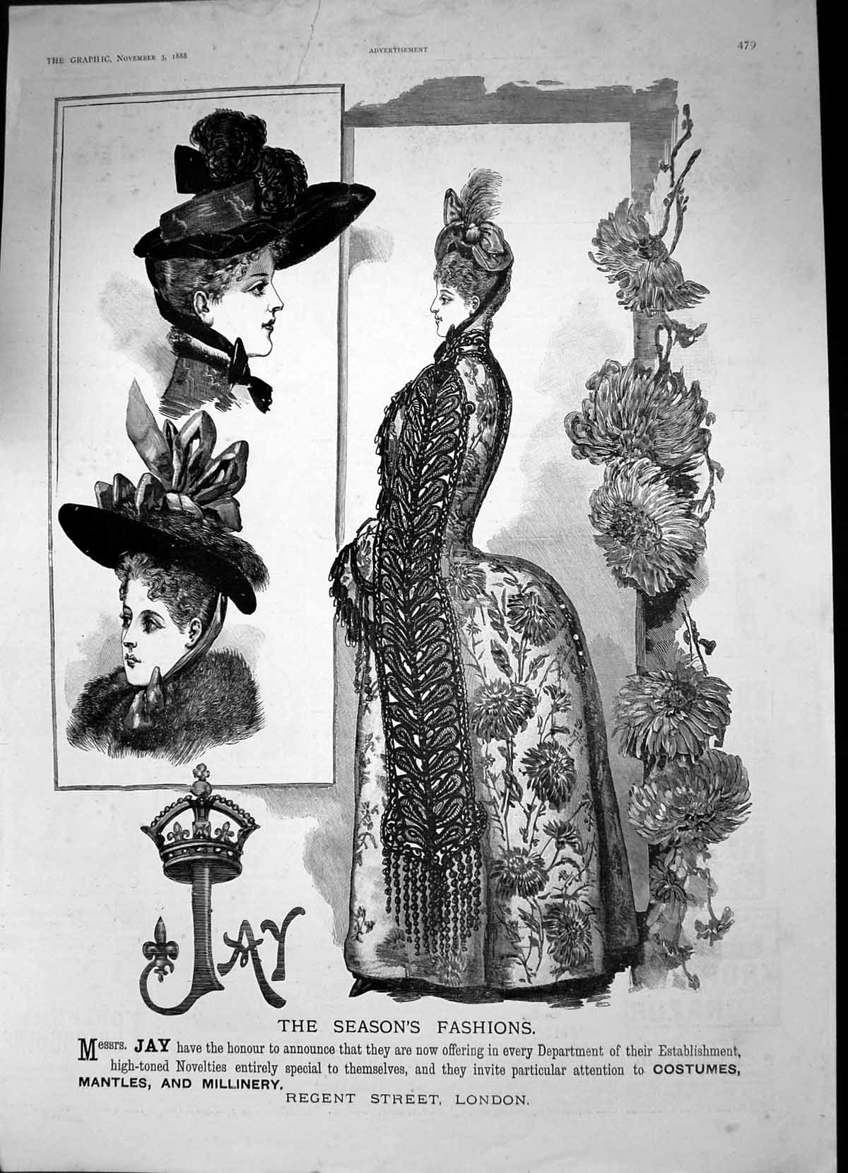 Antique Old Print Messrs Jay Fashions Costumes Mantles Millinery London 1888