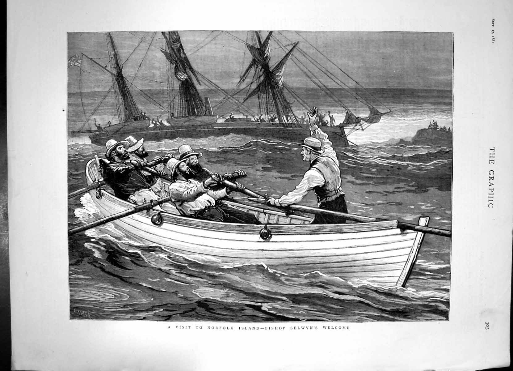 Antique Print Visit Norfolk Island Bishop Selwyns Welcome Rowing Boat 1881 19th