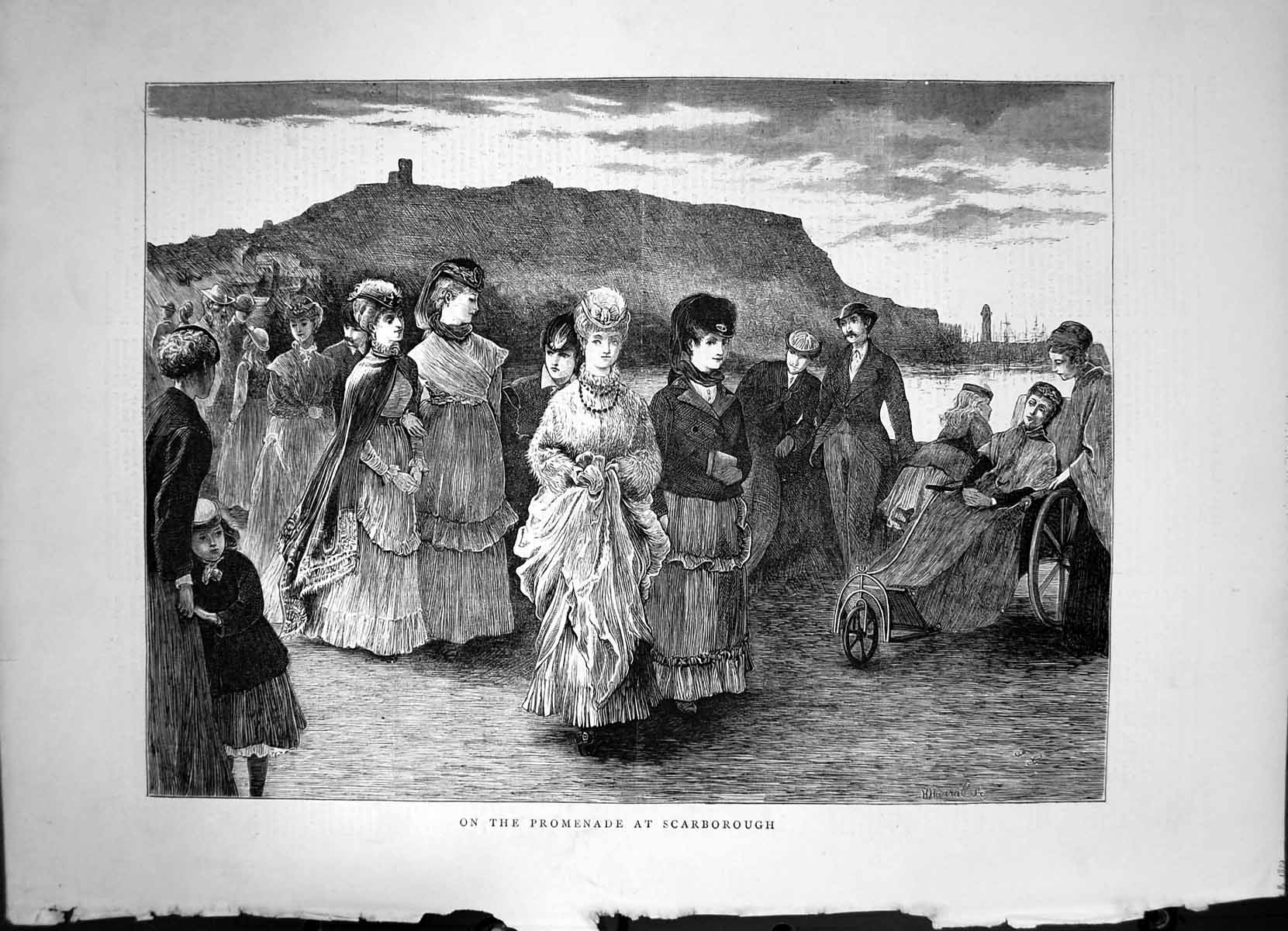 Original Old Antique Print Group People Wheelchair Promenade Scarborough 1870