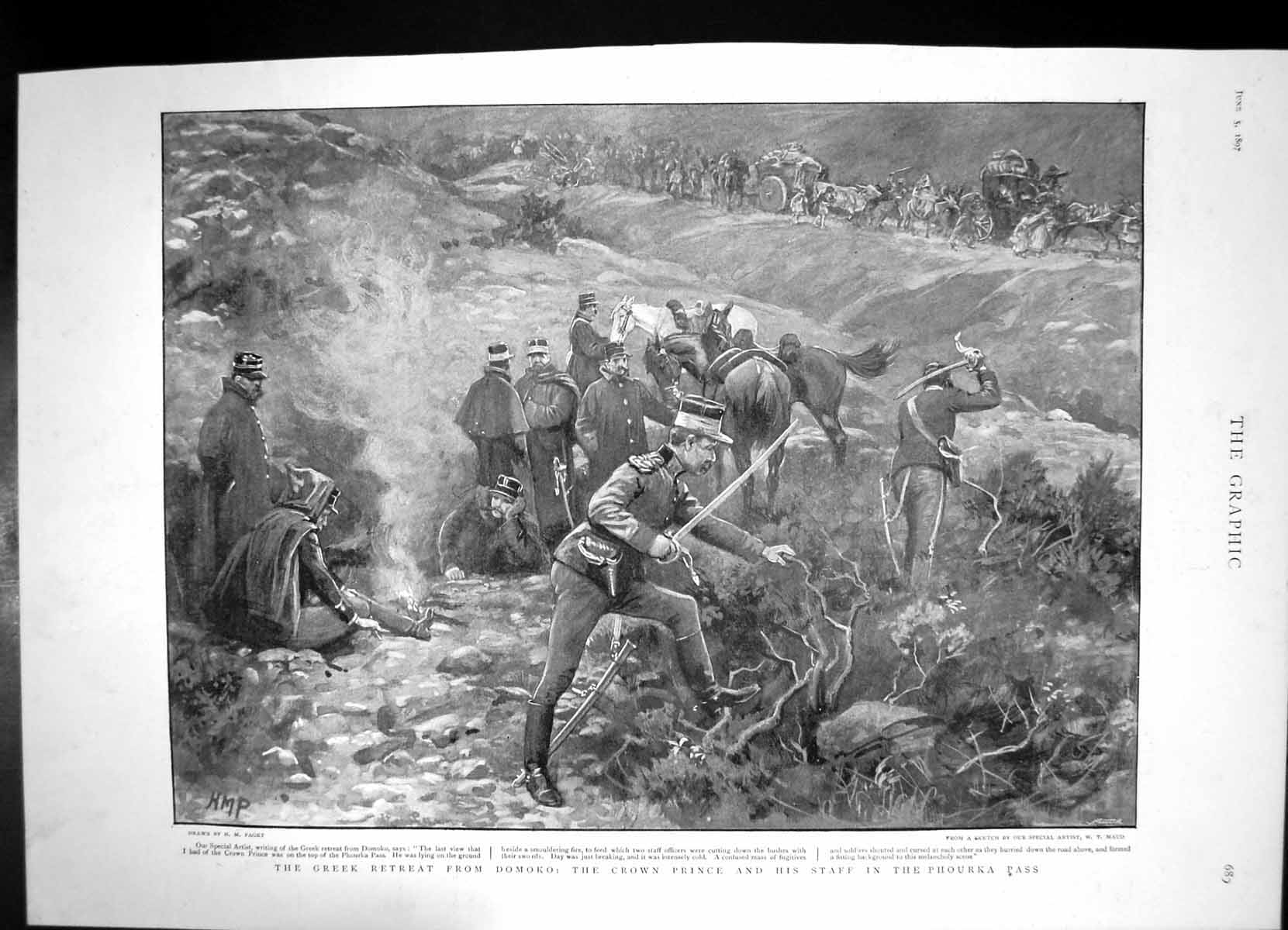 Antique Old Print Greek Retreat Domoko Crown Prince Staff Phourka Pass 1897