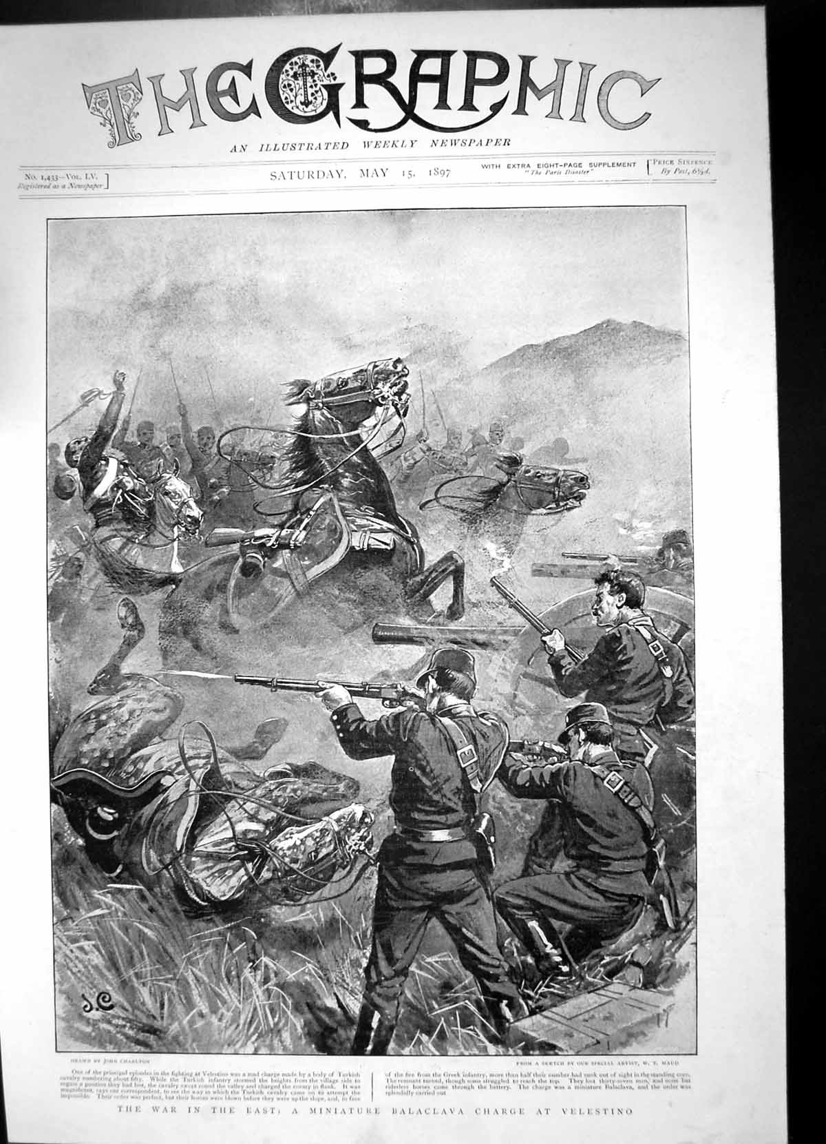 Antique Old Print War East Miniature Balaclava Charge Velestino W T Maud 1897