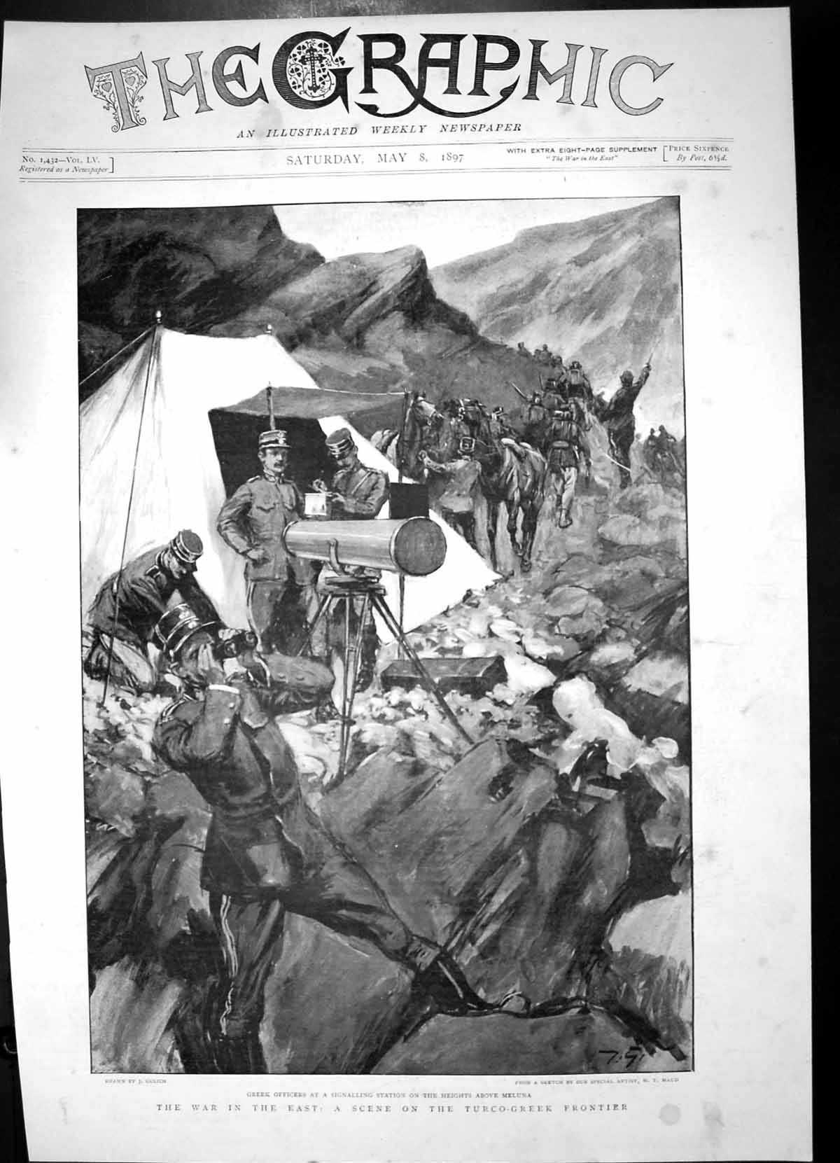 Antique Old Print Greek Officers Signalling Station Heights Above Meluna 1897