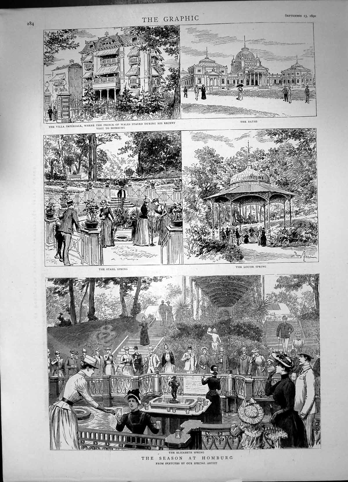 Antique Old Print Homburg Villa Imperiale Stahl Louise Elizabeth Springs1890