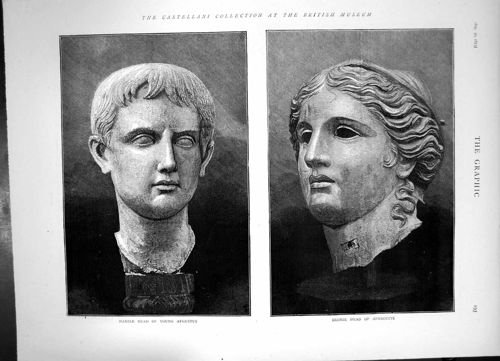 Antique Old Print Marblehead Young Augustus Bronze Head Aphrodite Museum1873