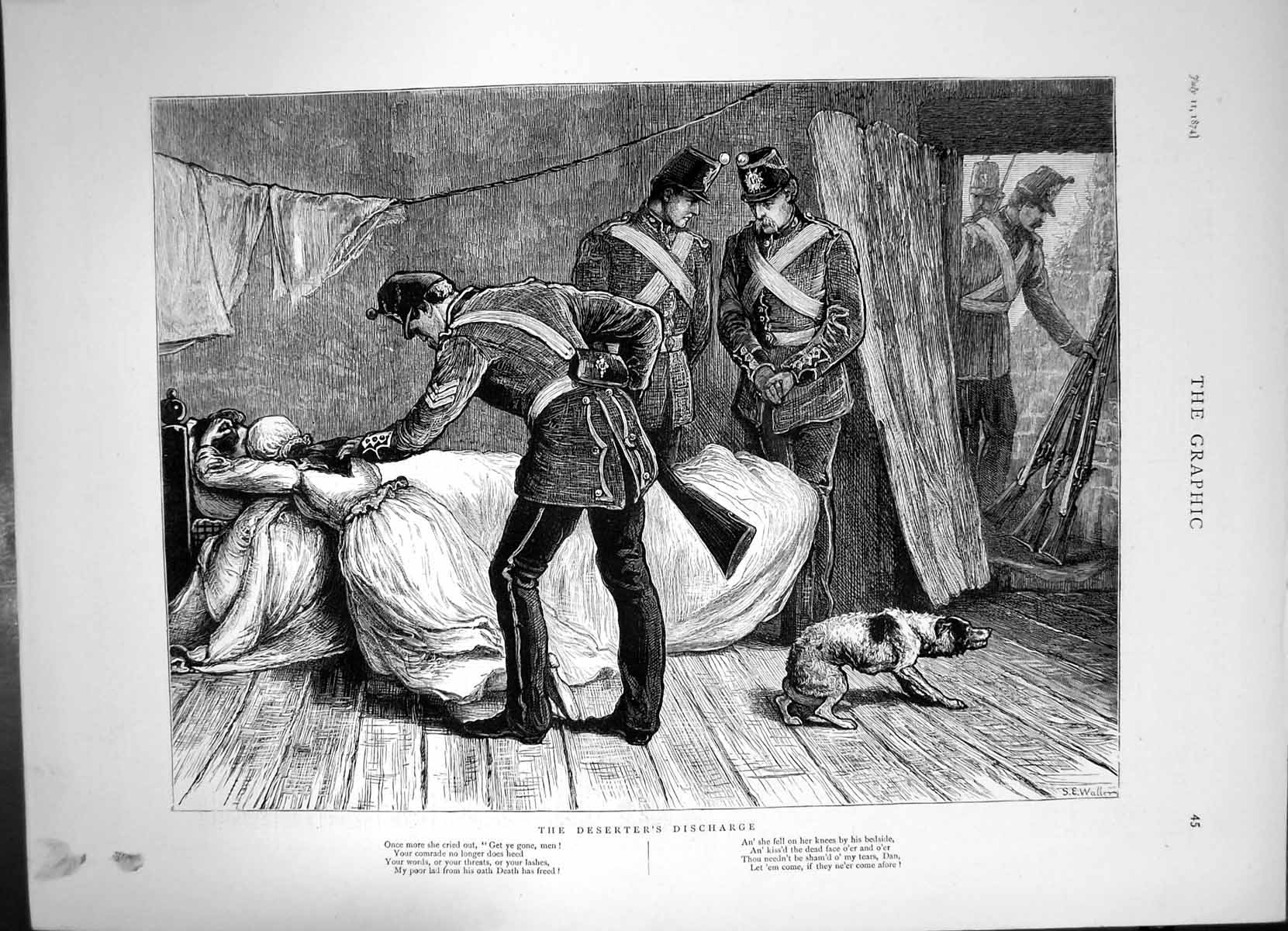 Old Antique Print Deserters Discharge Deserter Dies Bed Woman Crying 1874 19th