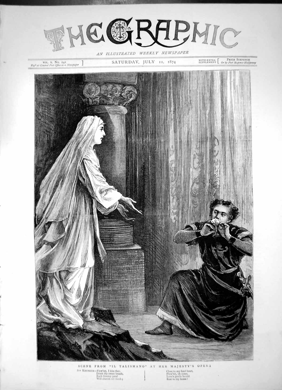 Old Print Scene Il Talismano Her Majestys Opera Sir Kenneth Flowret 1874 19th