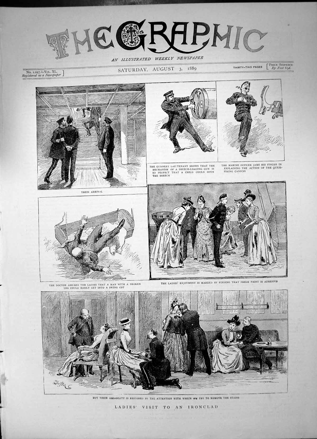 Antique Old Print Ladies Visit Ironclad Shown Mechanism Gun Cannon Paint 1889