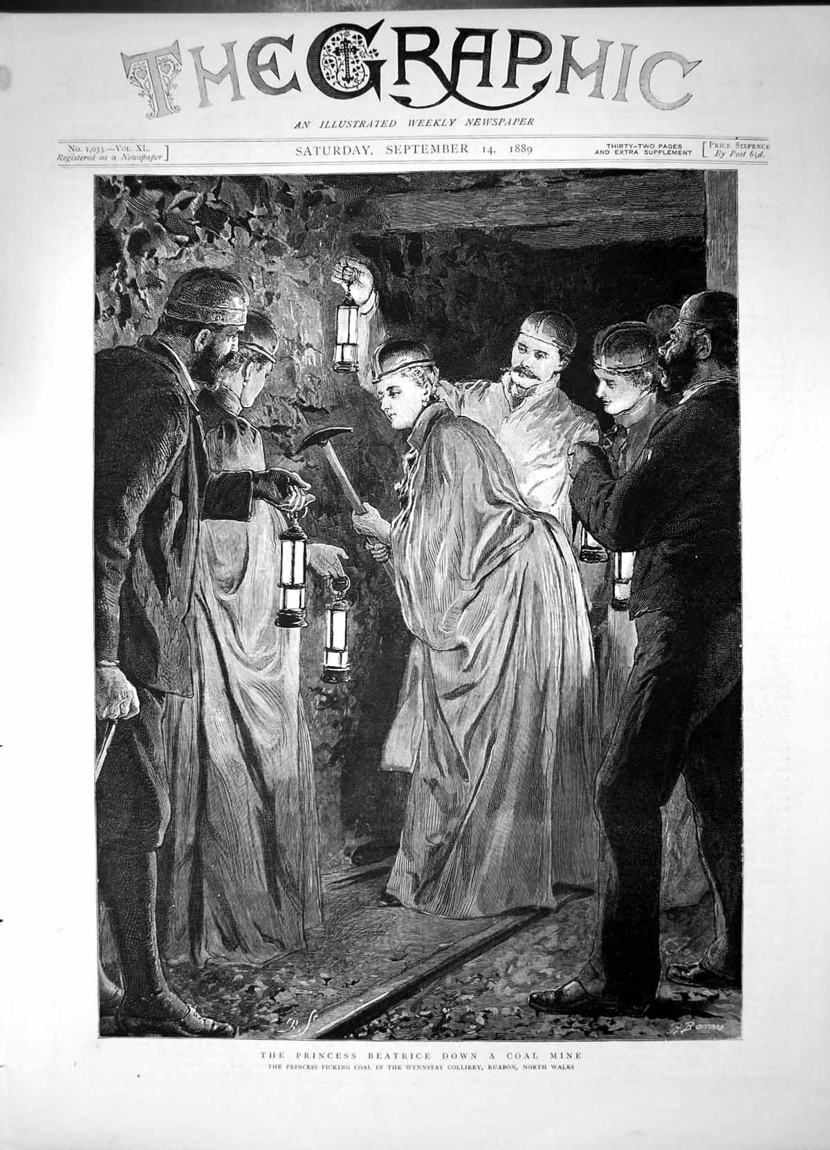 Antique Old Print Princess Beatrice Down Coal Mine Picking Coal Wynnstay 1889