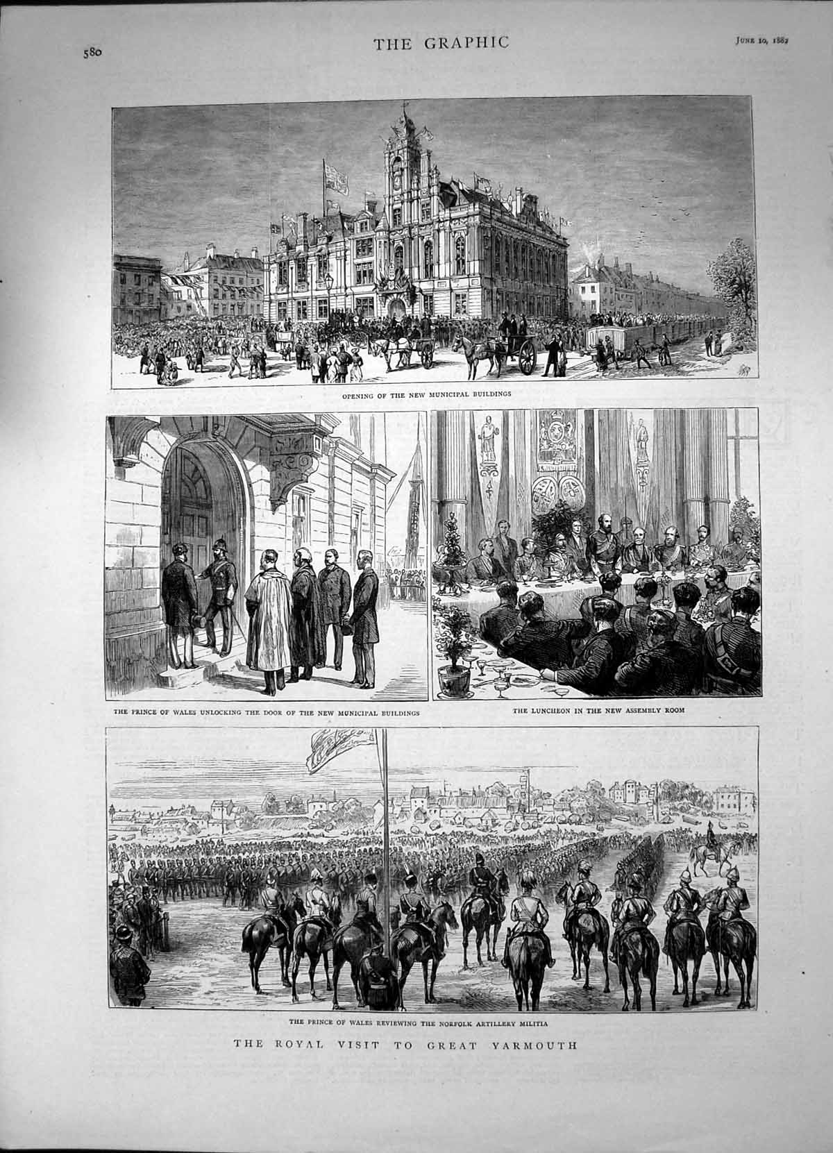 Old Print Prince Wales Great Yarmouth New Municipal Buildings 1882 Ref.2 19th