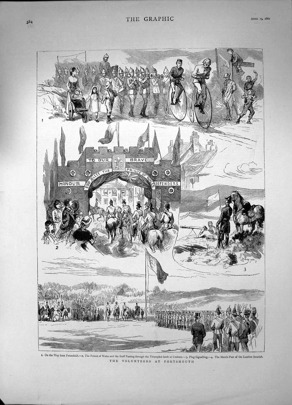 Old Antique Print Volunteers Portsmouth Triumphal Arch Cosham Flags 1882 19th