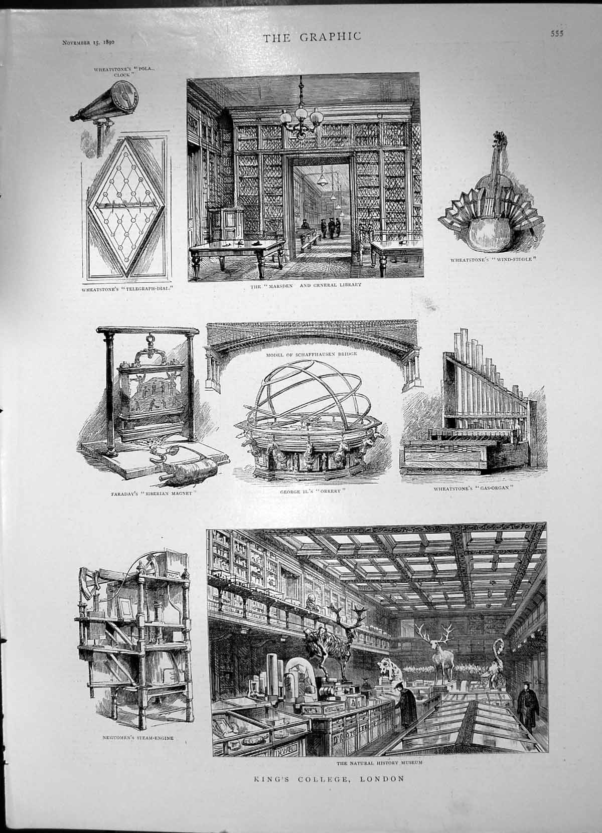 Antique Old Print Kings College London Natural History Museum Gas Organ 1890