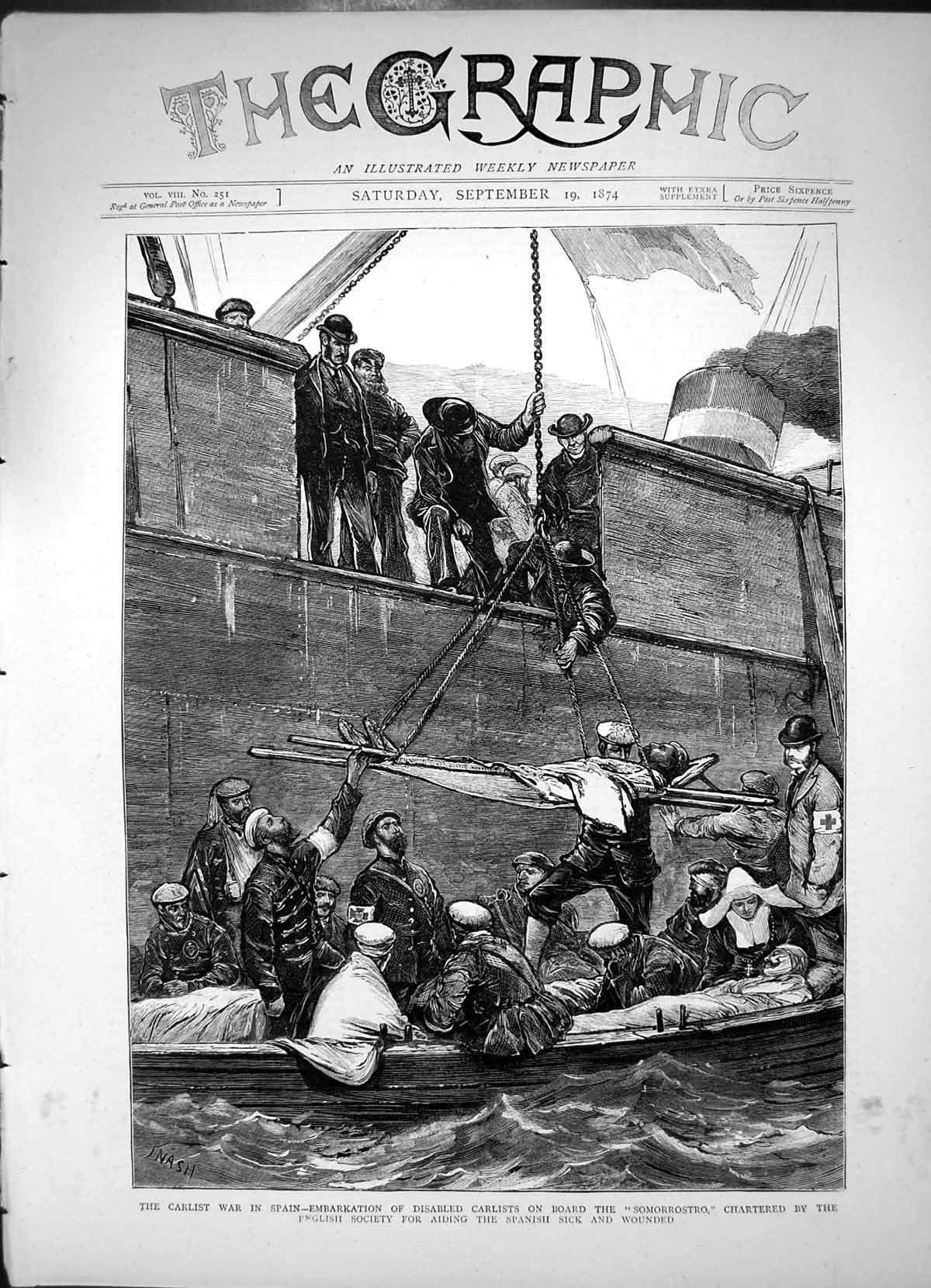 Antique Print Carlist War Spain Embarkation Disabled Board Somorrostro 1874