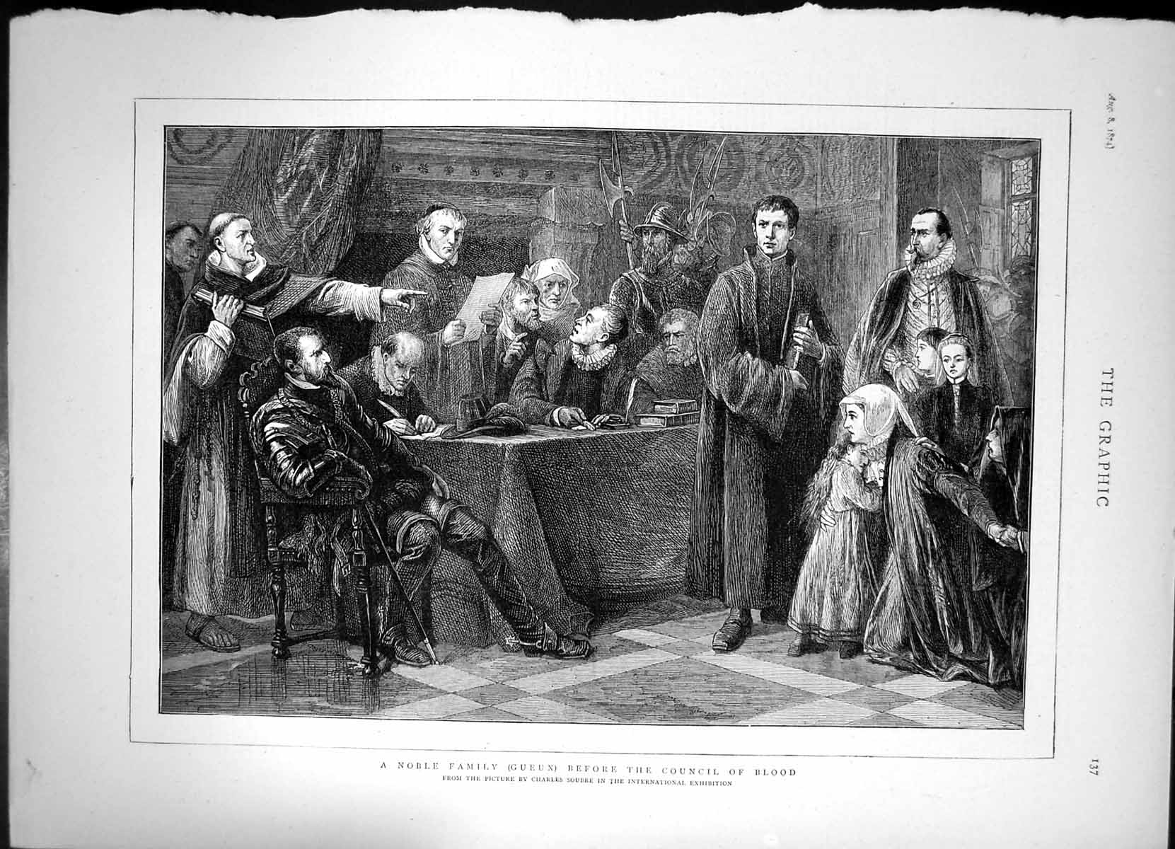 Antique Old Print Noble Family Gueux Before Council Blood Charles Soubre 1874