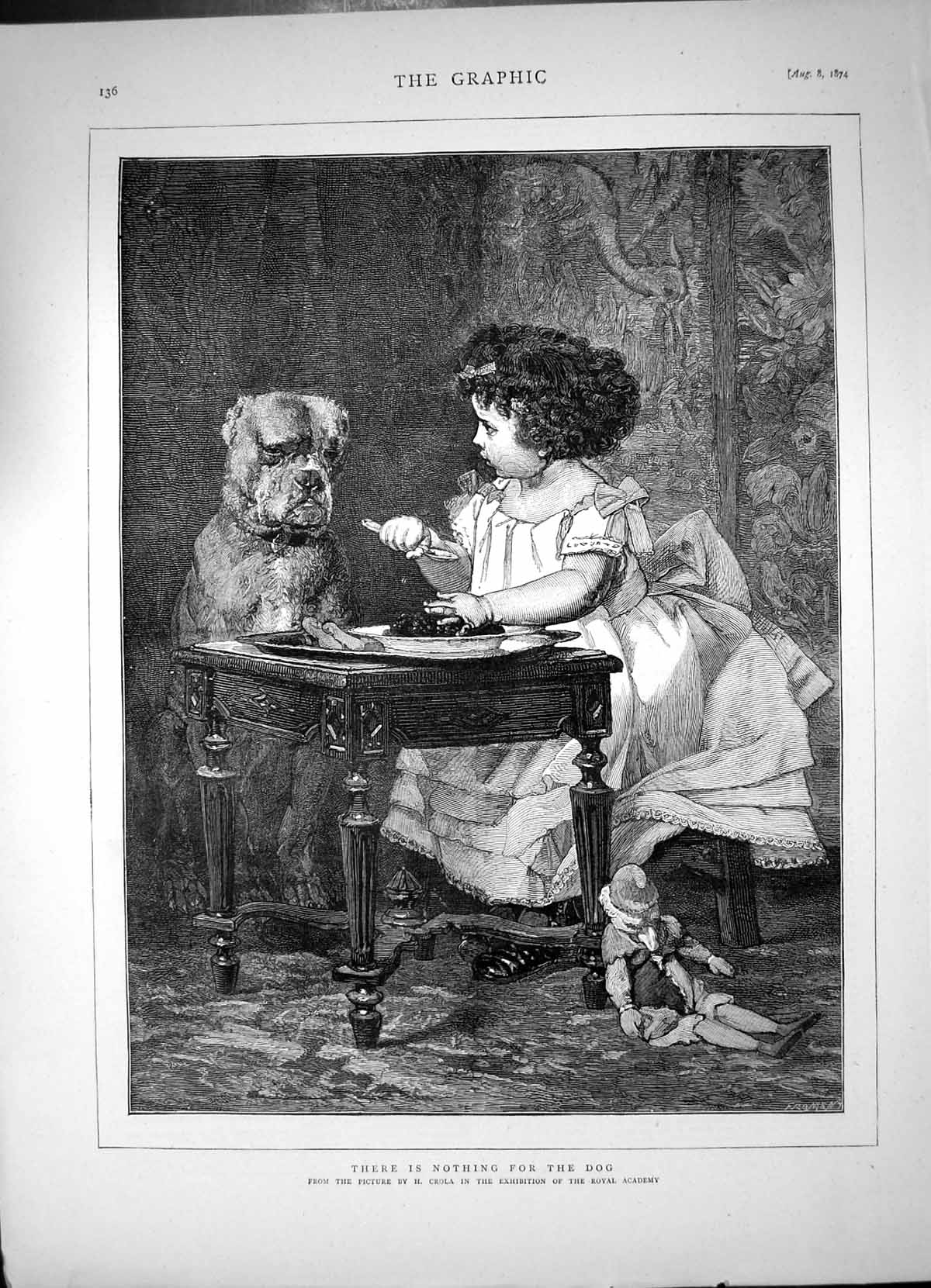 Antique Print There Is Nothing For Dog Small Girl Eating Dog Looks On 1874 19th