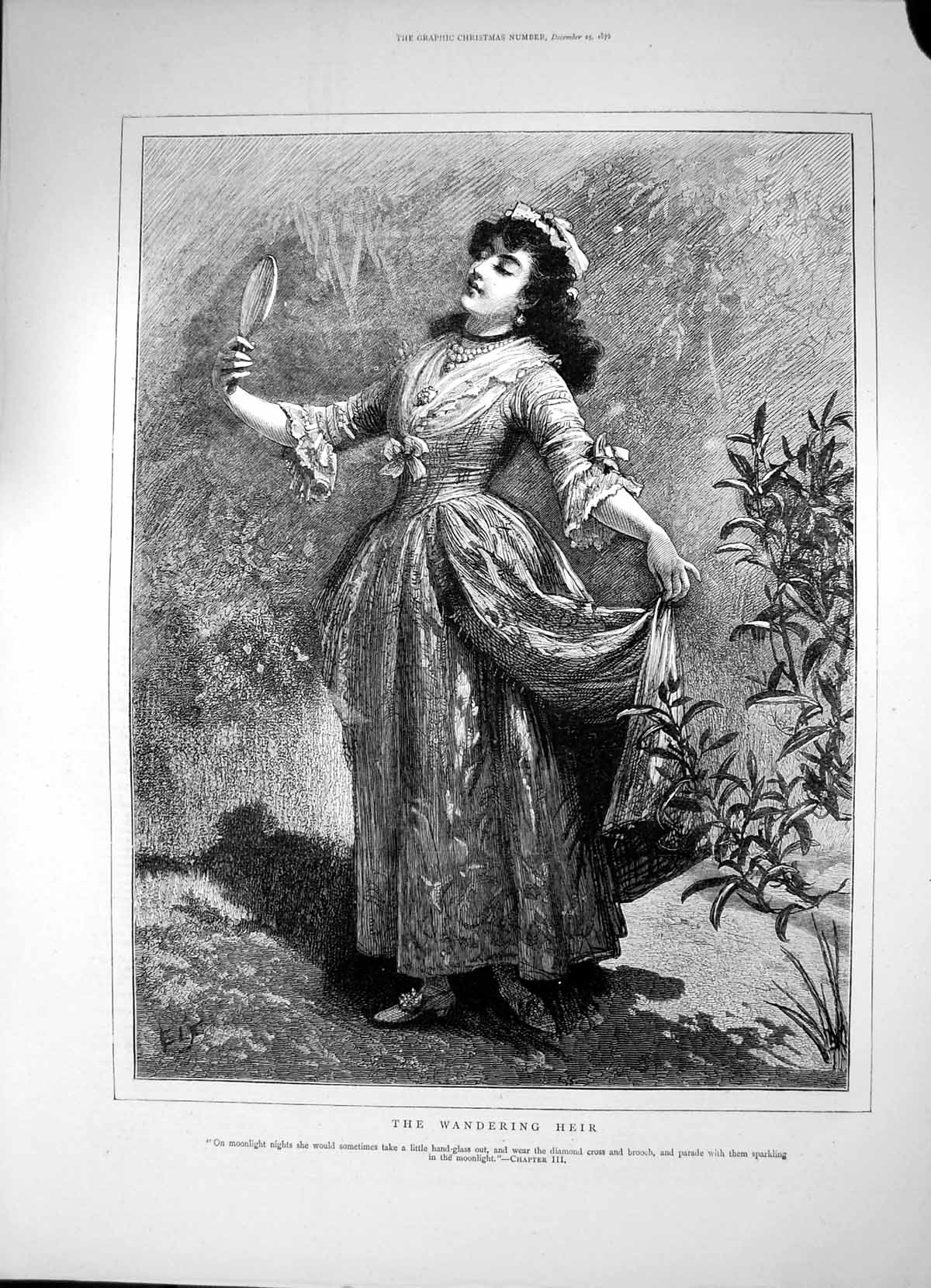 Antique Old Print Wandering Heir Lady Parades Night Hand Glass Diamonds 1872