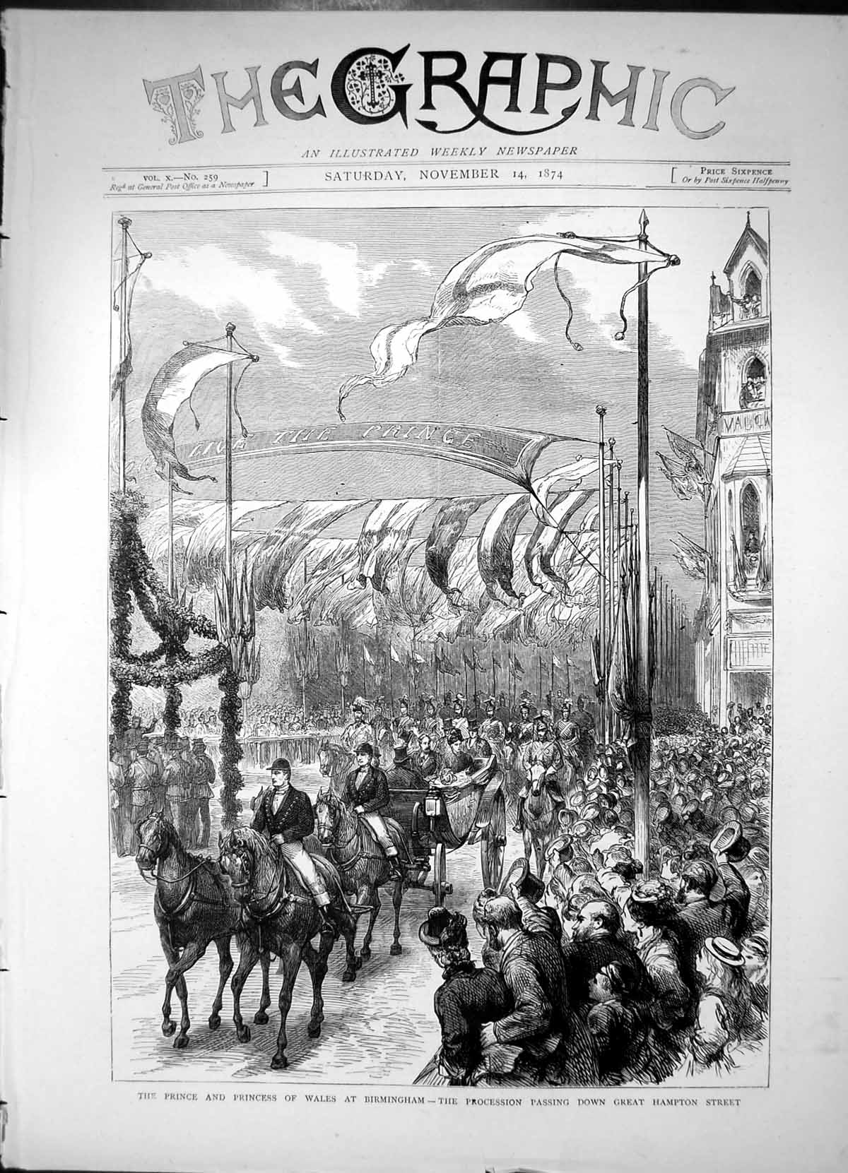Antique Print Prince Princess Wales Birmingham Procession Greathampton1874 19th