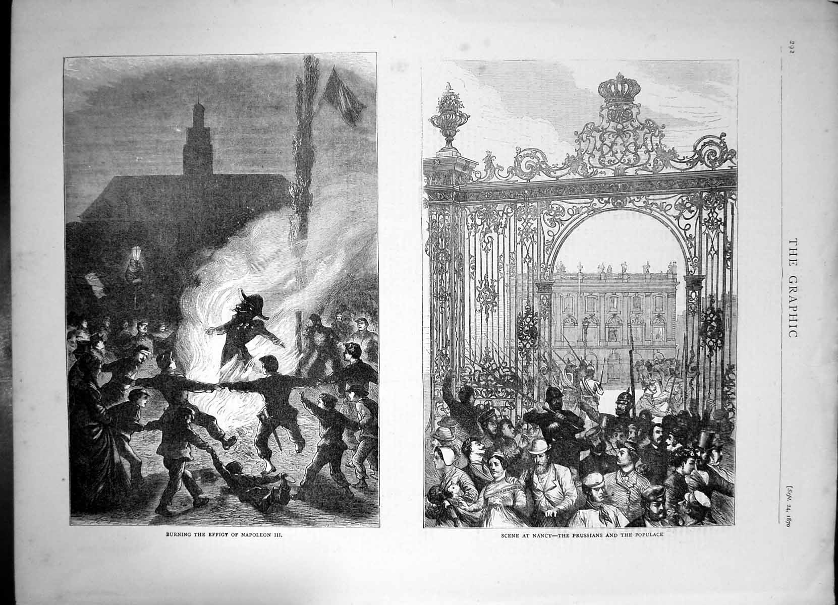 Antique Old Print Burning Effigy Napolean 111 Prussians Populace Nancy 1870