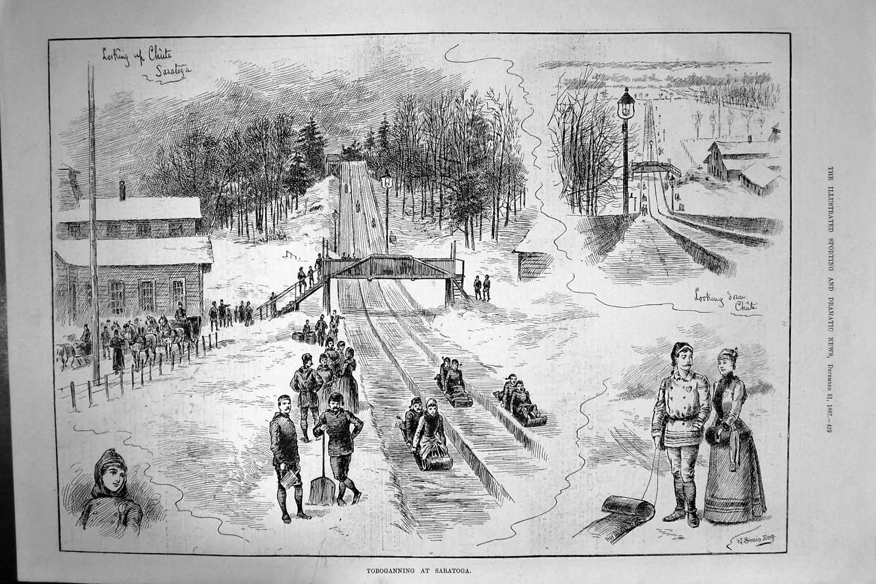 Original Old Antique Print 1887 Toboganning Saratoga Sledging Sport Victorian