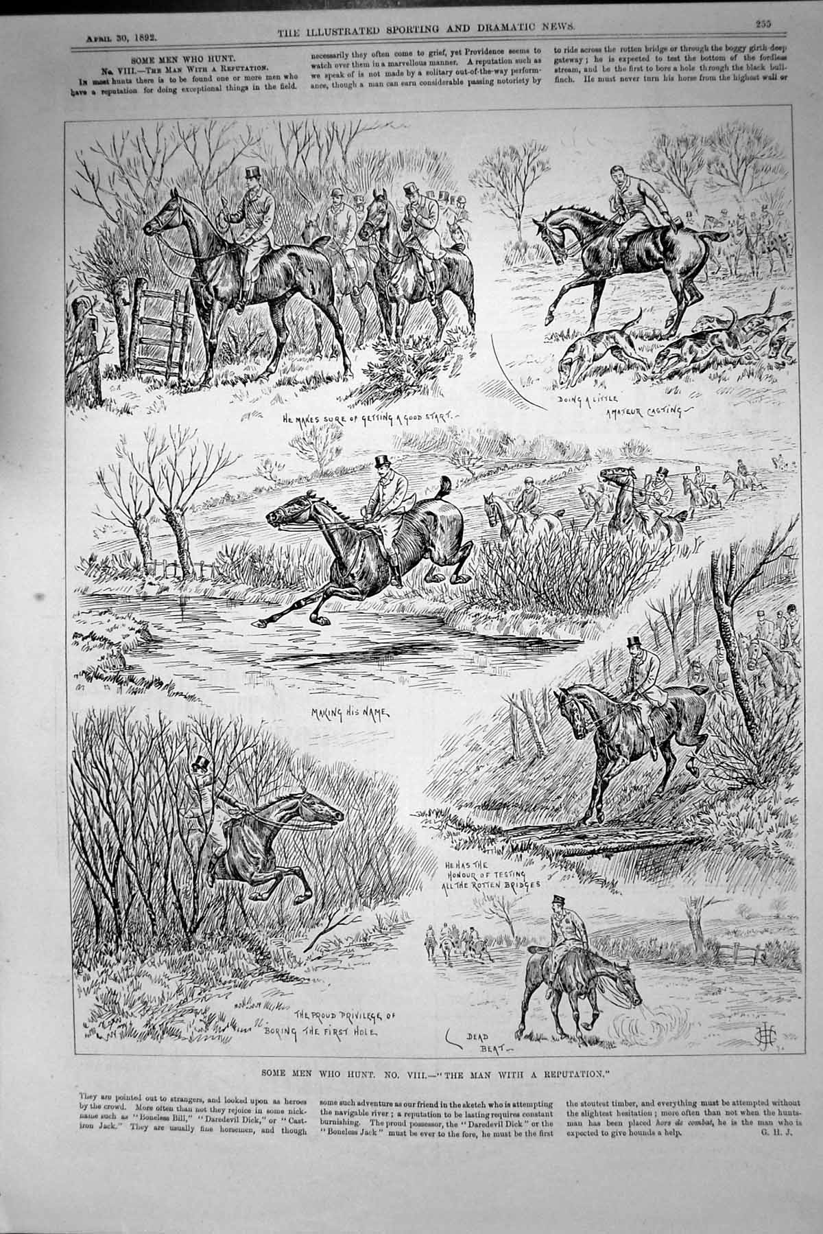 Original Old Antique Print 1892 Fox Hunting Sport Horses Huntsmen Victorian