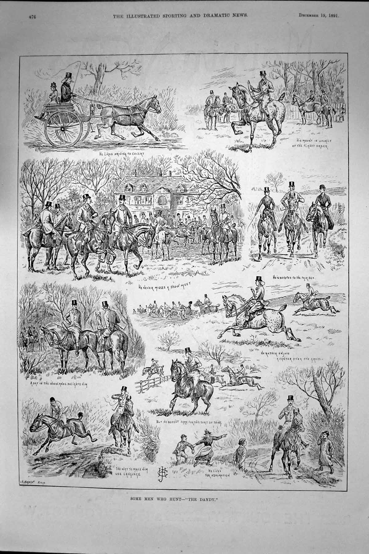 Original Old Antique Print 1891 Huntsmen Sport Hunting Horses Sport Victorian