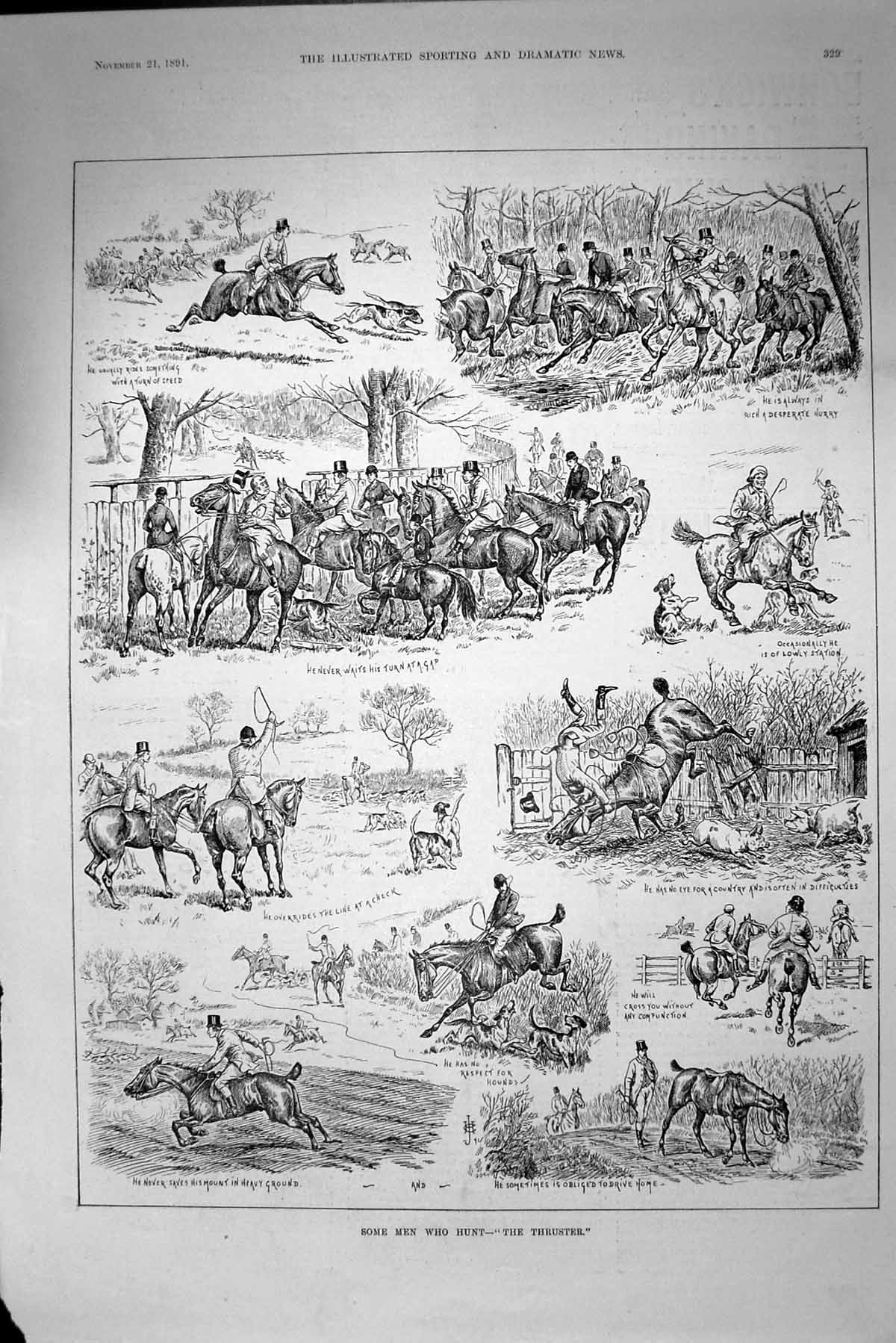Original Old Antique Print 1891 Hunting Sport Huntsmen Horses Hounds Dogs 19th