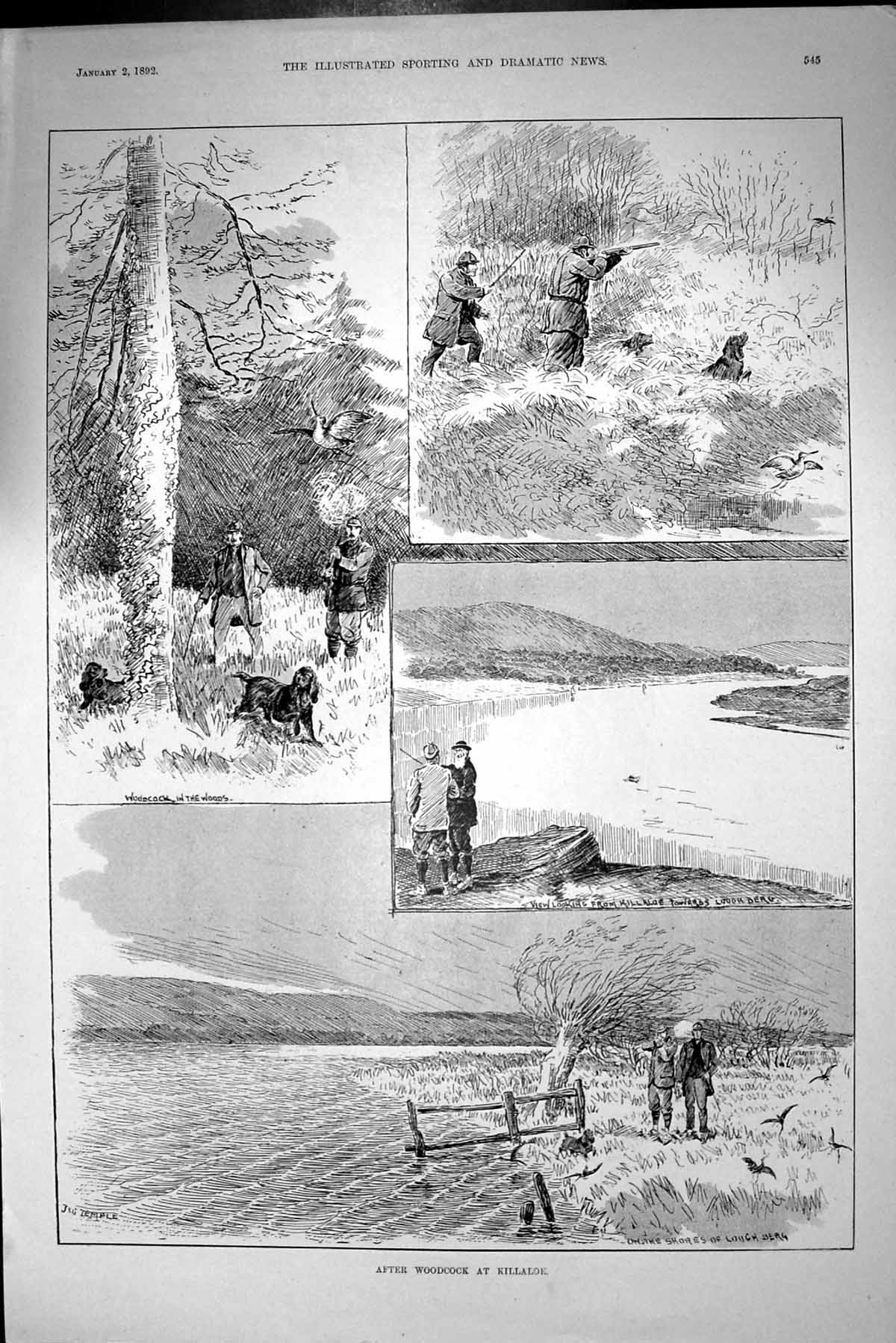 Antique Old Print 1892 Woodcock Hunting Birds Shooting Lough Derg Killaloe 19th