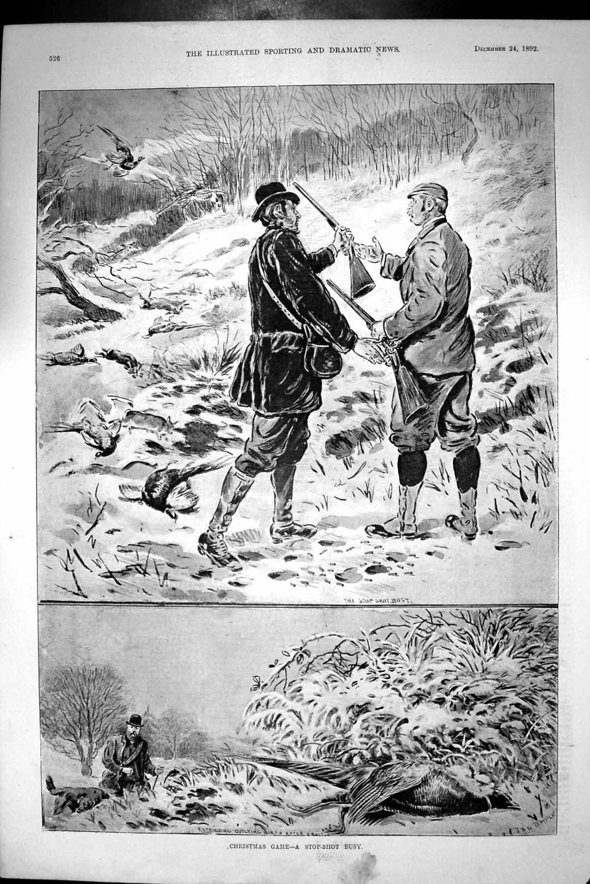 Original Old Antique Print 1892 Christmas Hunting Birds Shooting Game Grouse