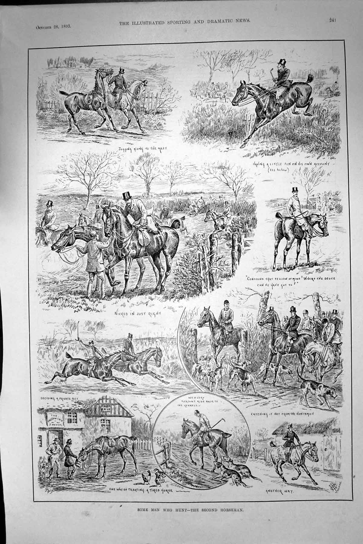 Original Old Antique Print 1893 Fox Hunting Horses Hounds Dogs Huntsmen 19th