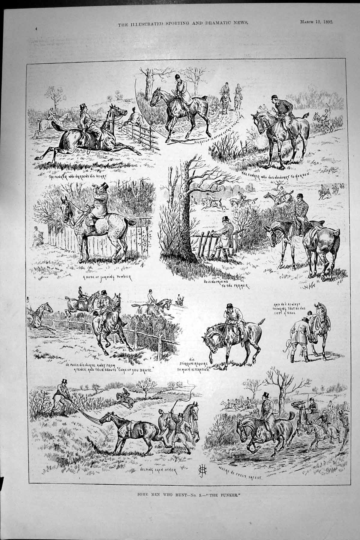Original Old Antique Print 1892 Fox Hunting Sport Huntsmen Funker Horses 19th