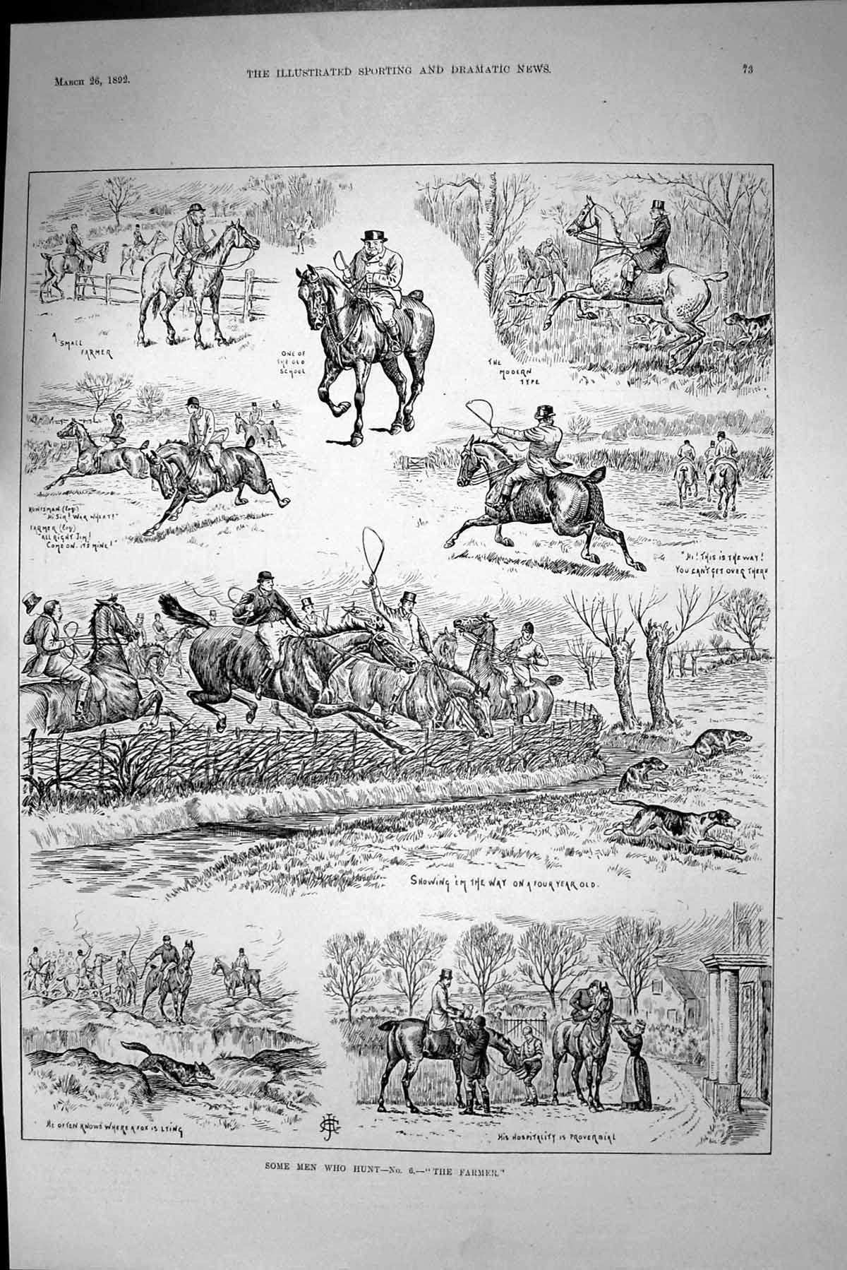 Original Old Antique Print 1892 Farmer Fox Hunting Sport Horses Hounds Huntsmen