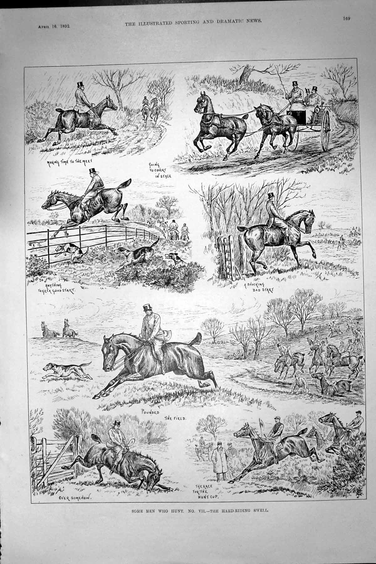 Antique Old Print 1892 Hard-Riding Swell Hunting Horses Huntsmen Sport Hounds