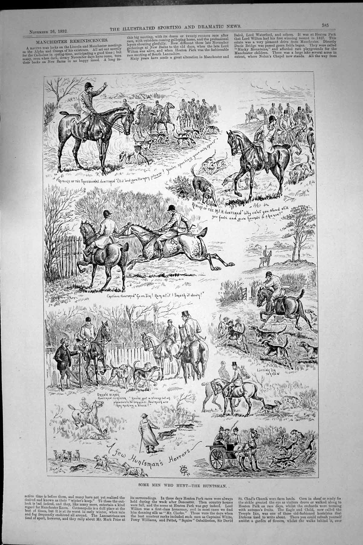 Original Old Antique Print Huntsman Sport Fox Hunting Horses 1892 Victorian