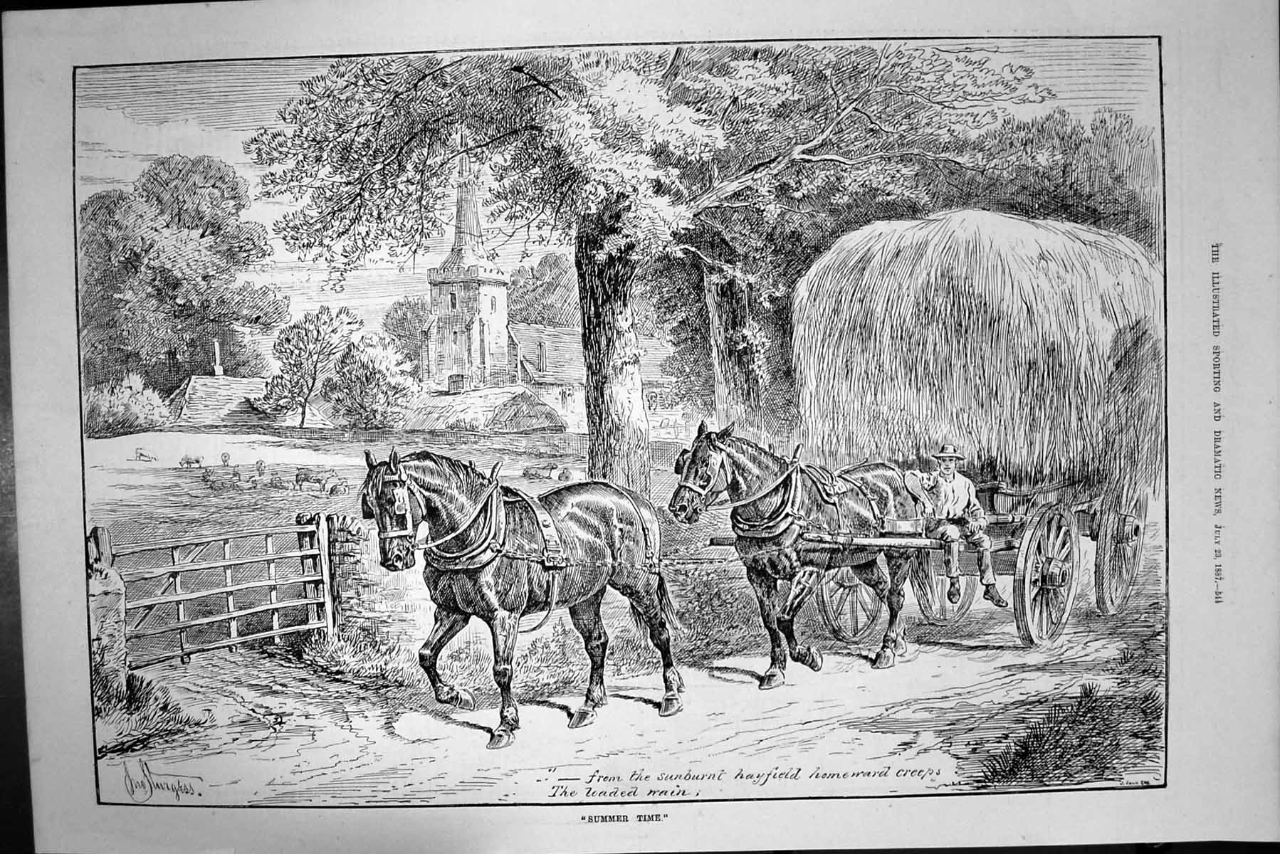 Original Old Antique Print 1887 Summer Time Horses Hay Cart Farming Agriculture